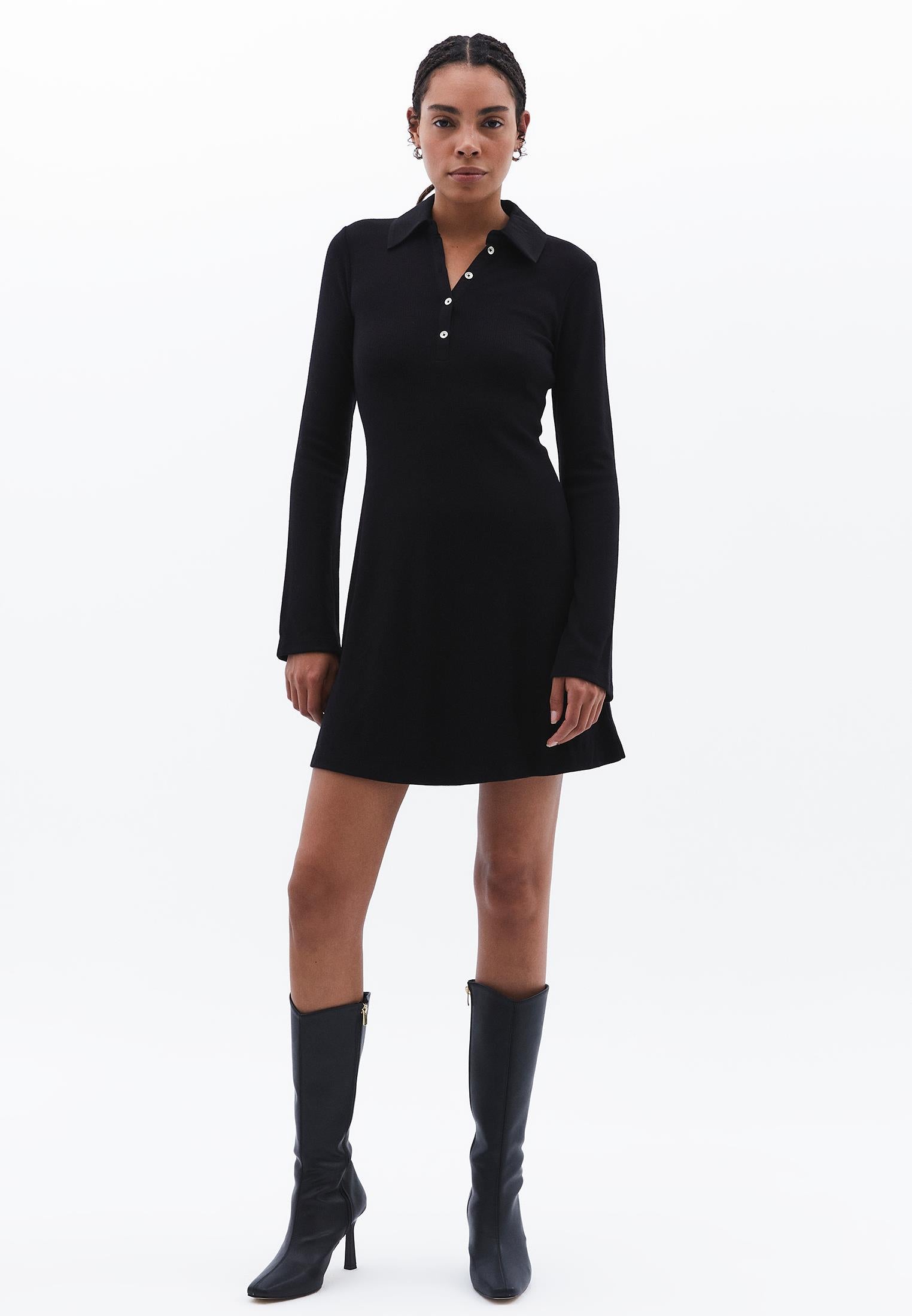 Polo Neck Long Sleeve Short Dress - BLACK