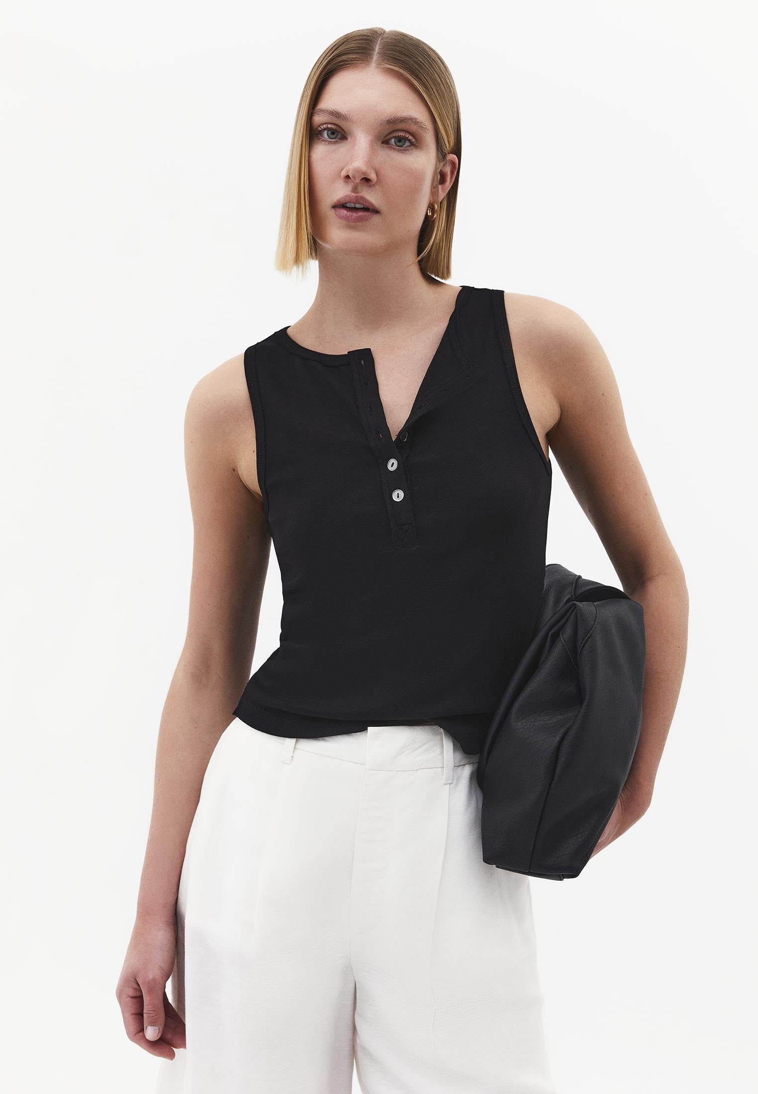 Crew Neck Button Detailed Tank Top - BLACK