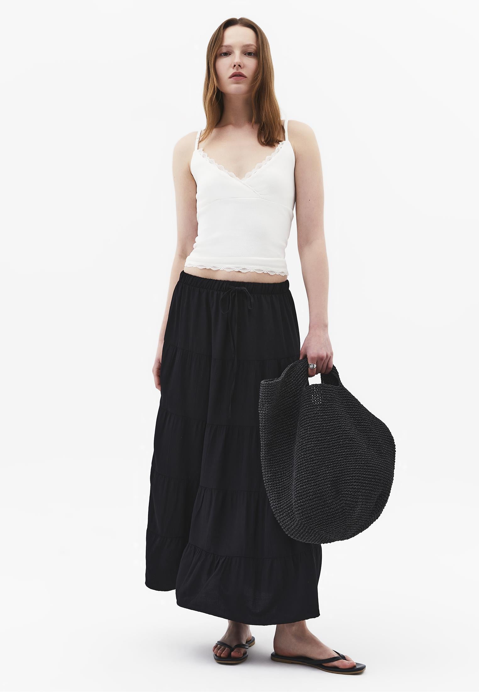 High Waist Ruched Midi Skirt - BLACK