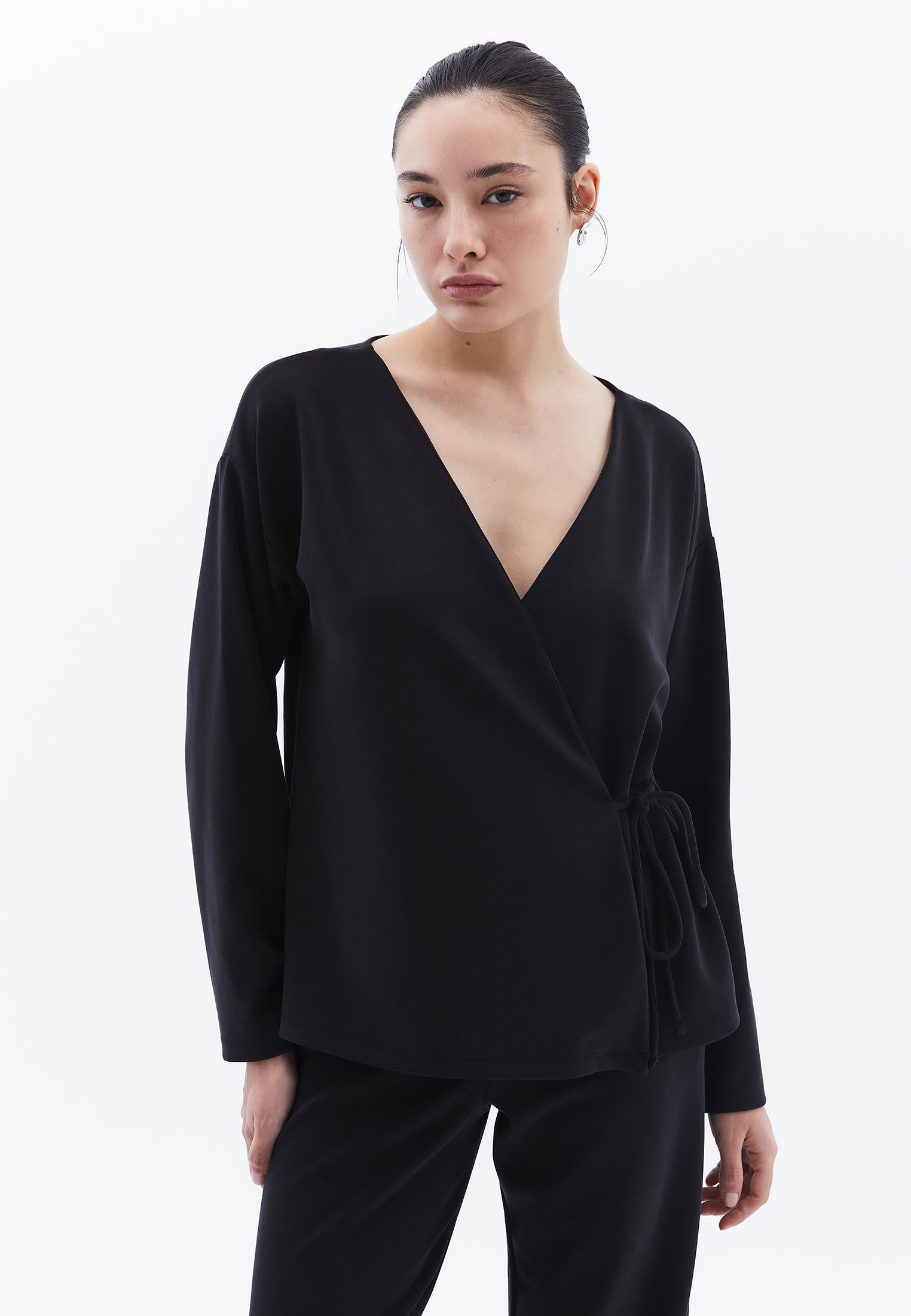 Long Cardigan With Wrap Neckline - BLACK