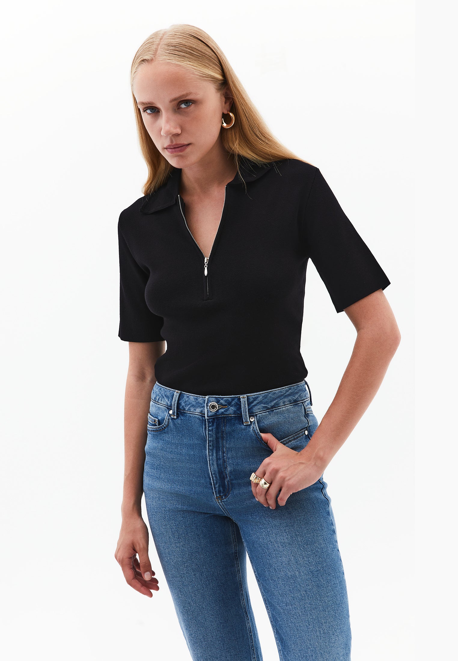 Polo Collar Zipper Detailed Standard T-Shirt - BLACK