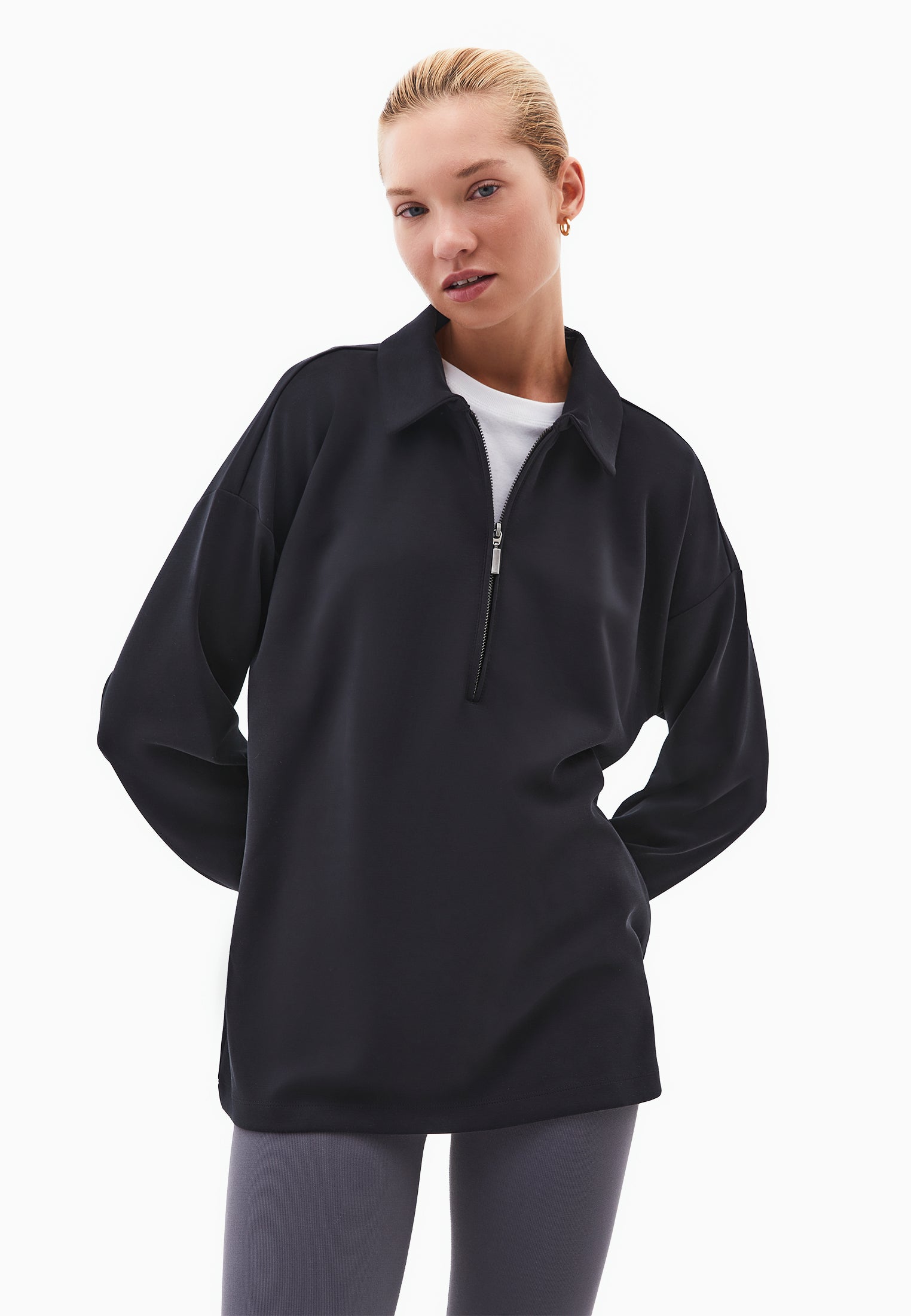 Polo Neck Oversize Sweatshirt - BLACK