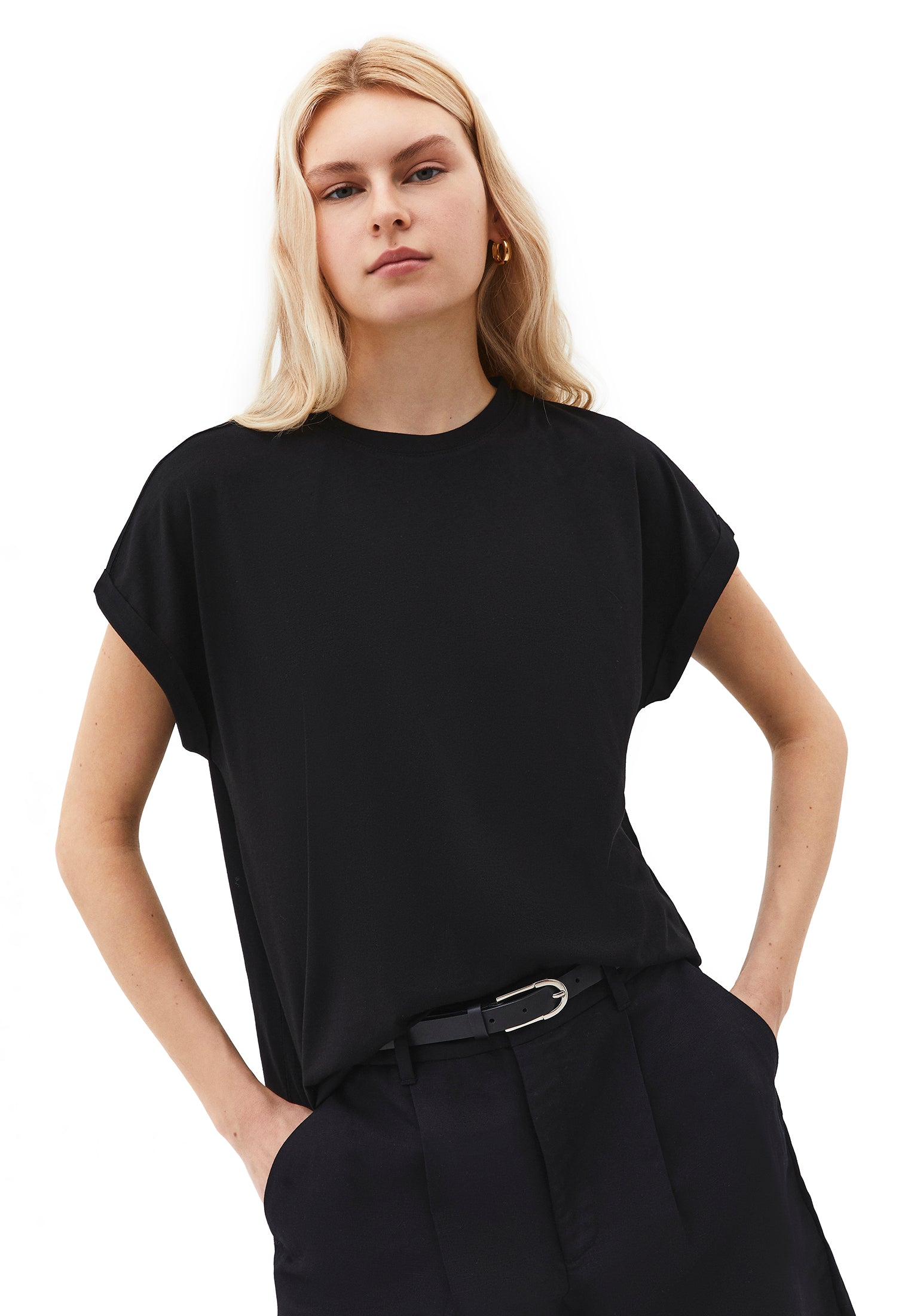Boat Neck Loose Fit Short Sleeve T-Shirt - BLACK
