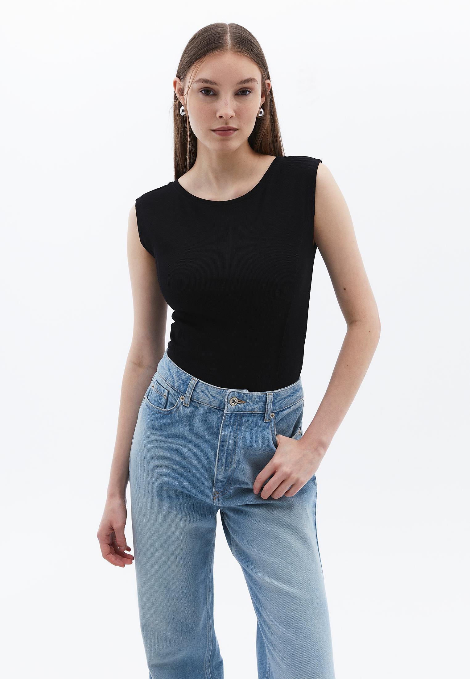 Boat Neck Short Sleeve Bodycon T-Shirt - BLACK