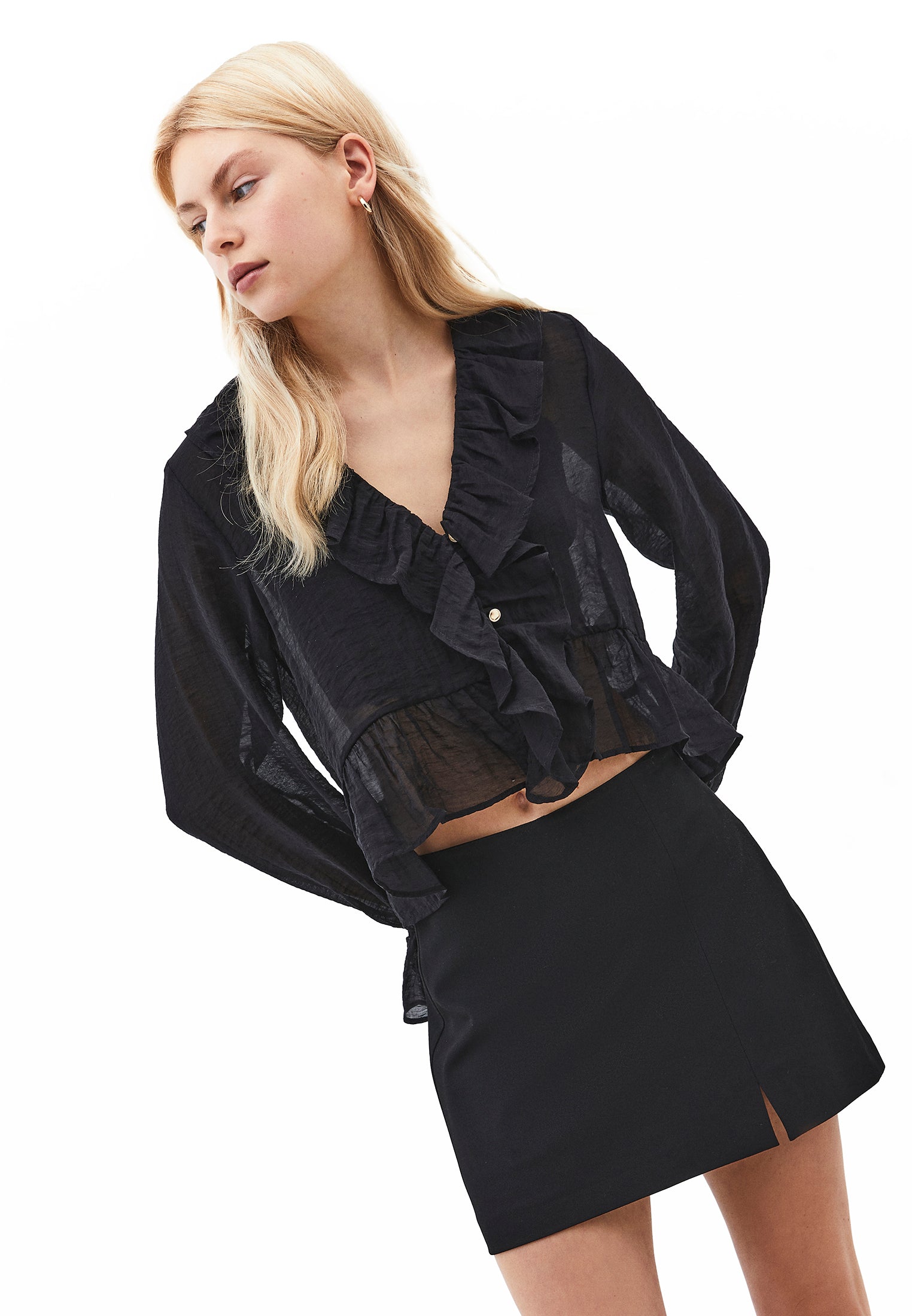 Ruffle Detail Buttoned Blouse - BLACK