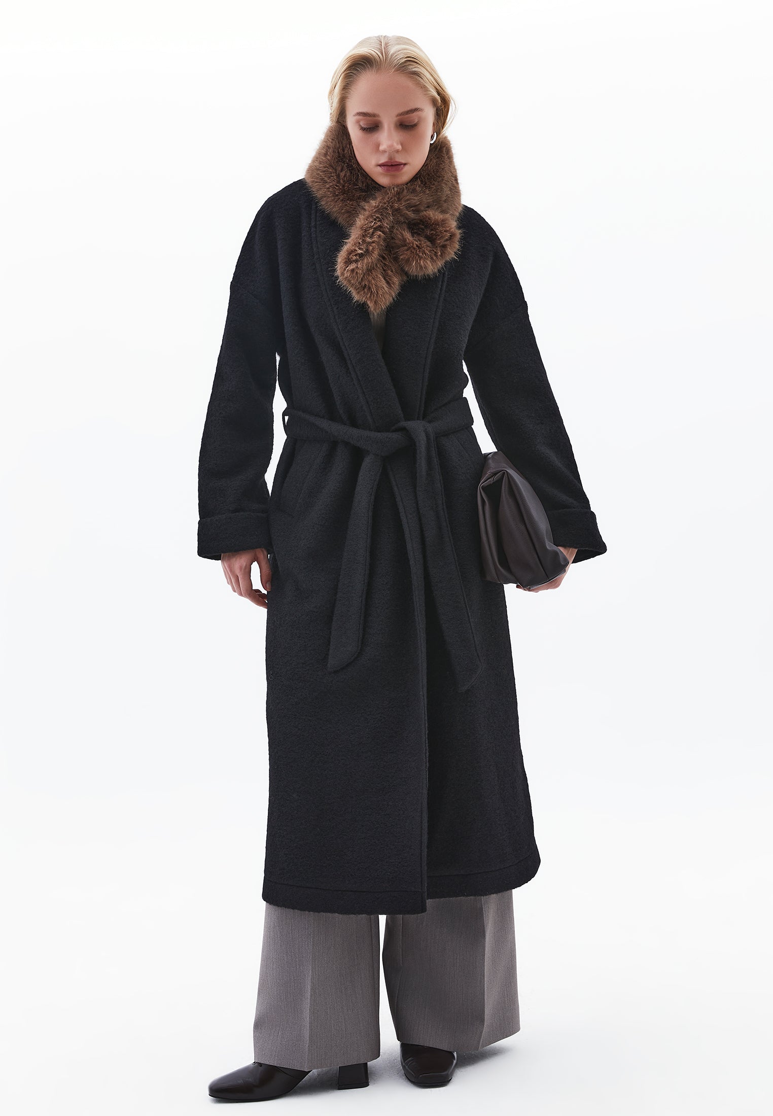 Long Coat With Shawl Collar And Belt Detail - BLACK