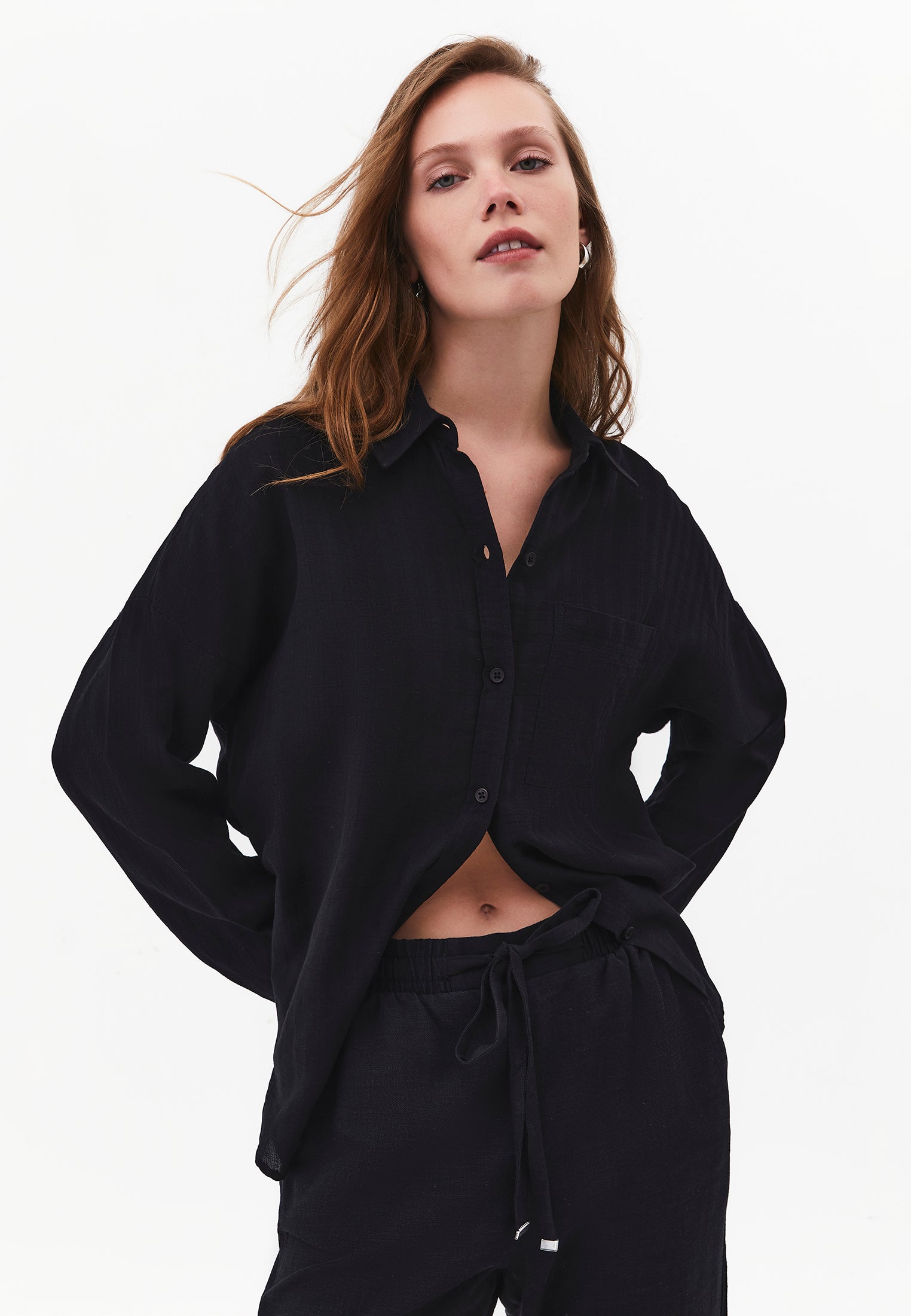 Long Sleeve Oversized Woven Shirt - BLACK