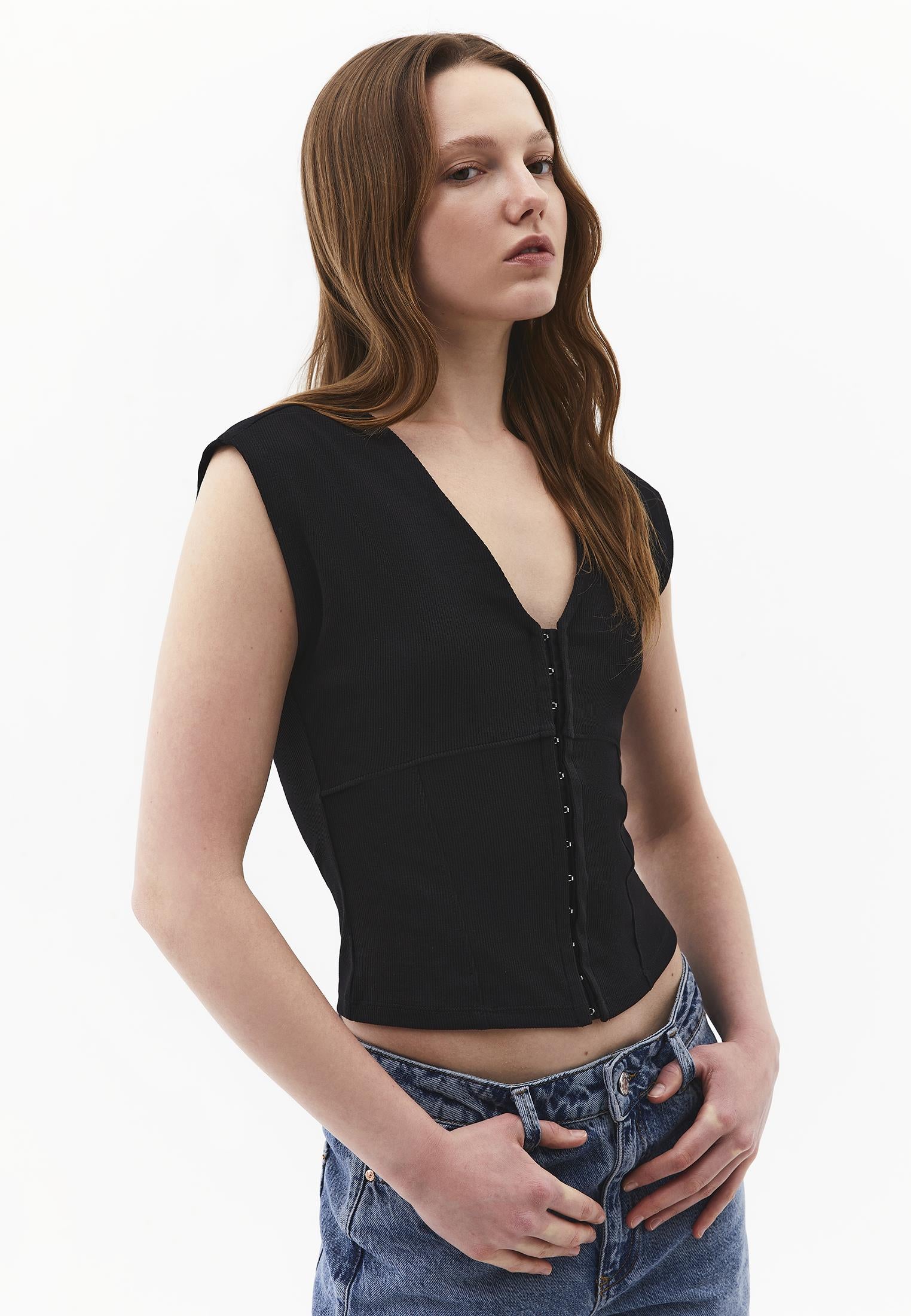 V Neck Bodycon T-Shirt - BLACK