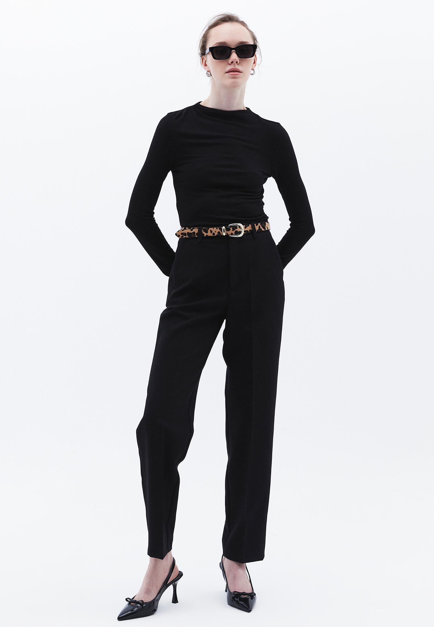 High Waist Long Slim Pants - BLACK