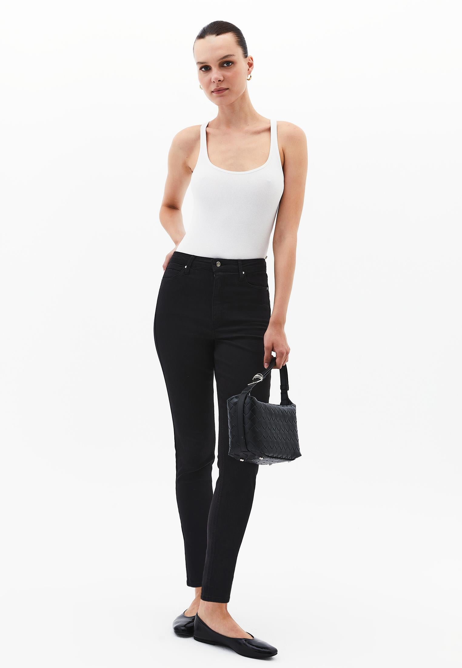 High Waist Cropped Skinny Pants - BLACK
