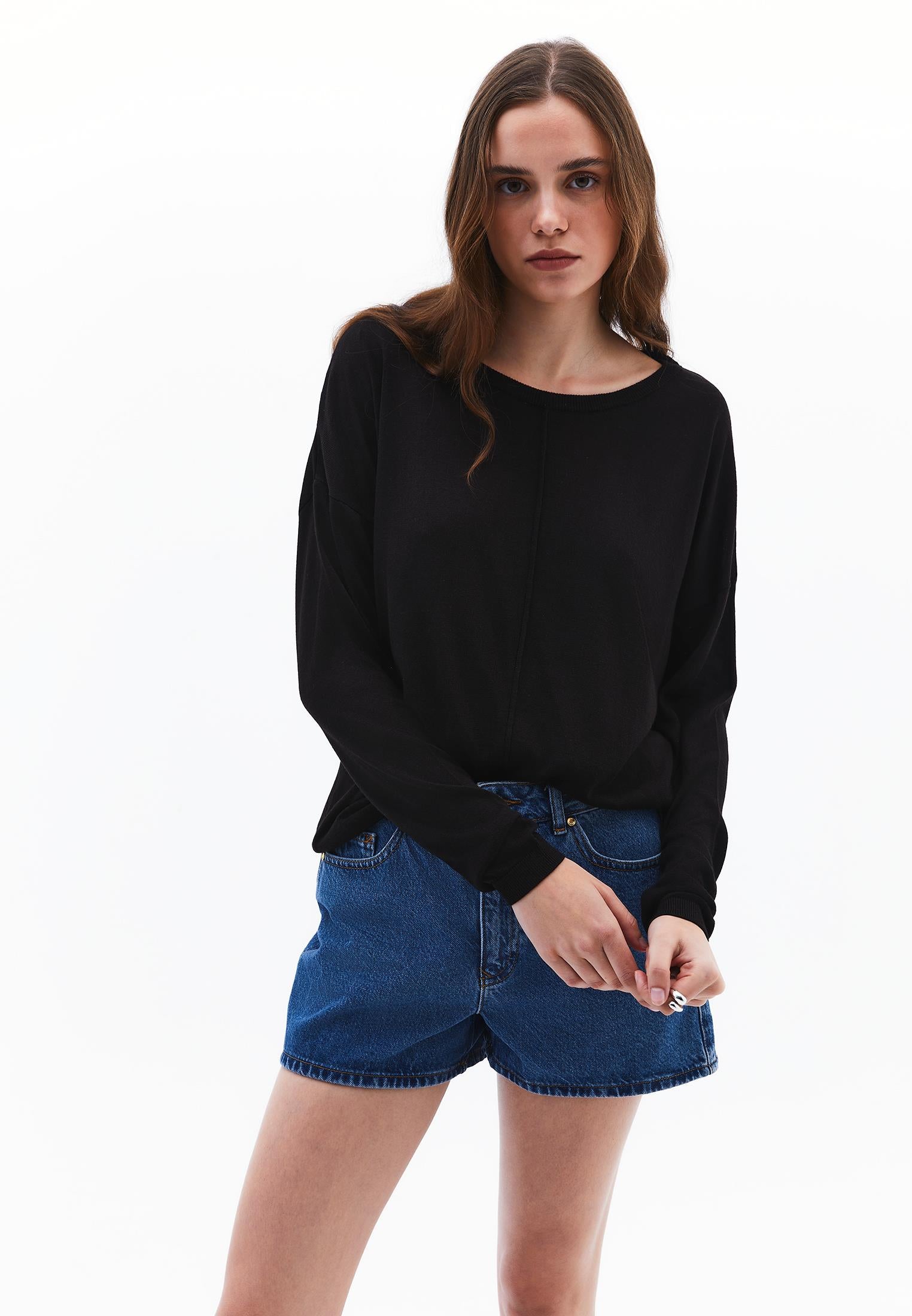 Knitted Boat Neck Sweater - BLACK