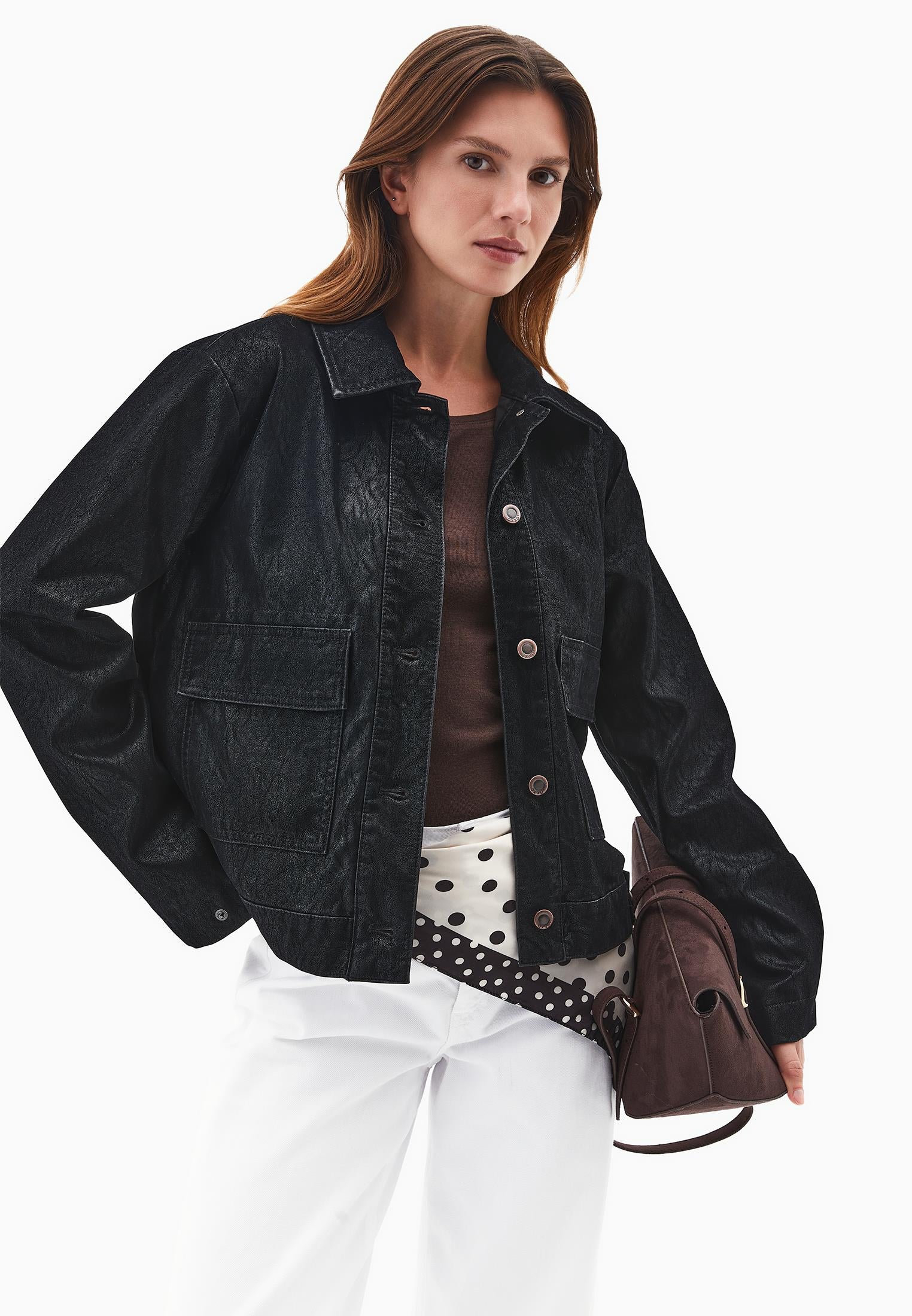 Slim Suede Jacket With Pocket Details - BLACK