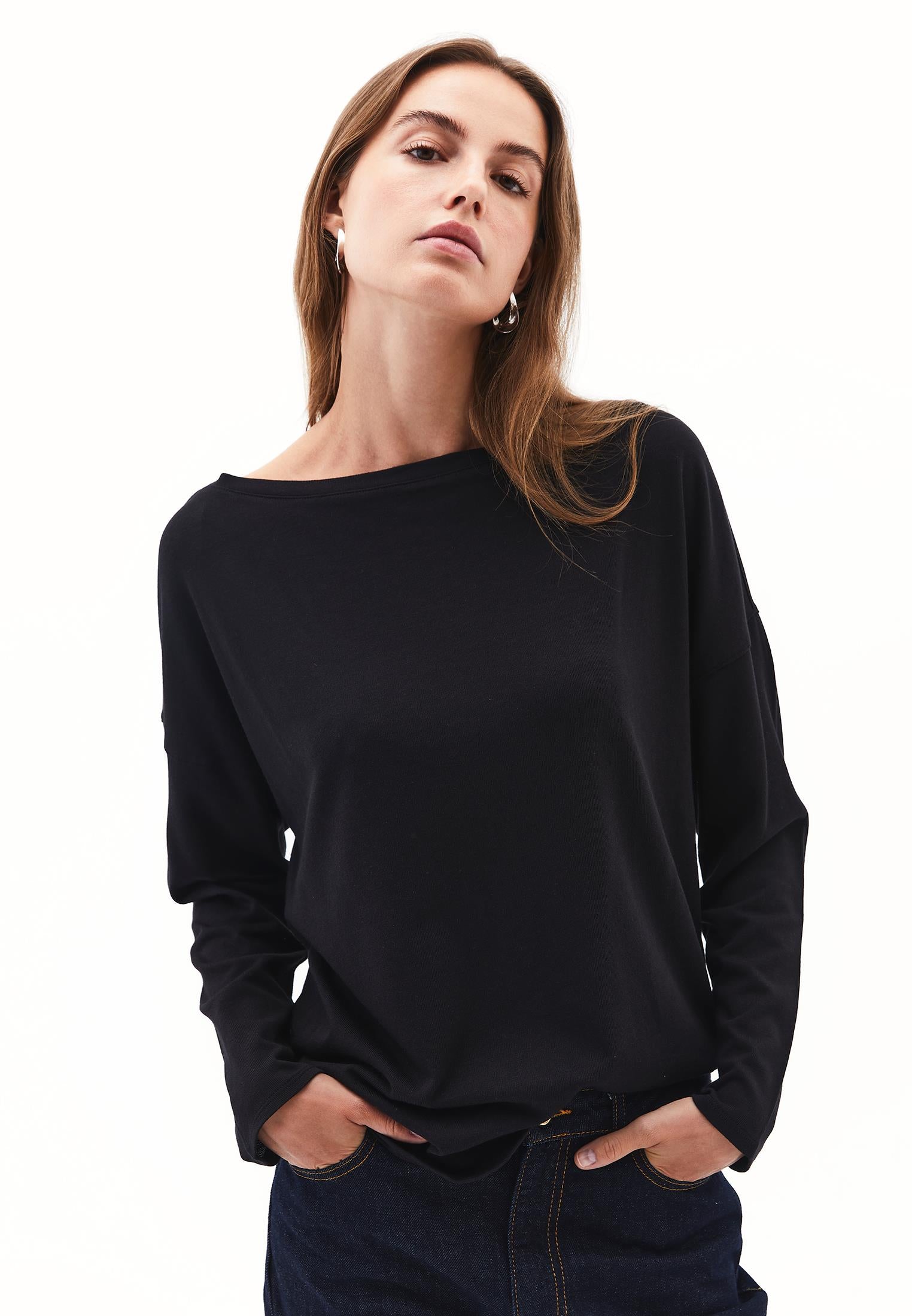 Boat Neck Loose Knit Look Sweater - BLACK