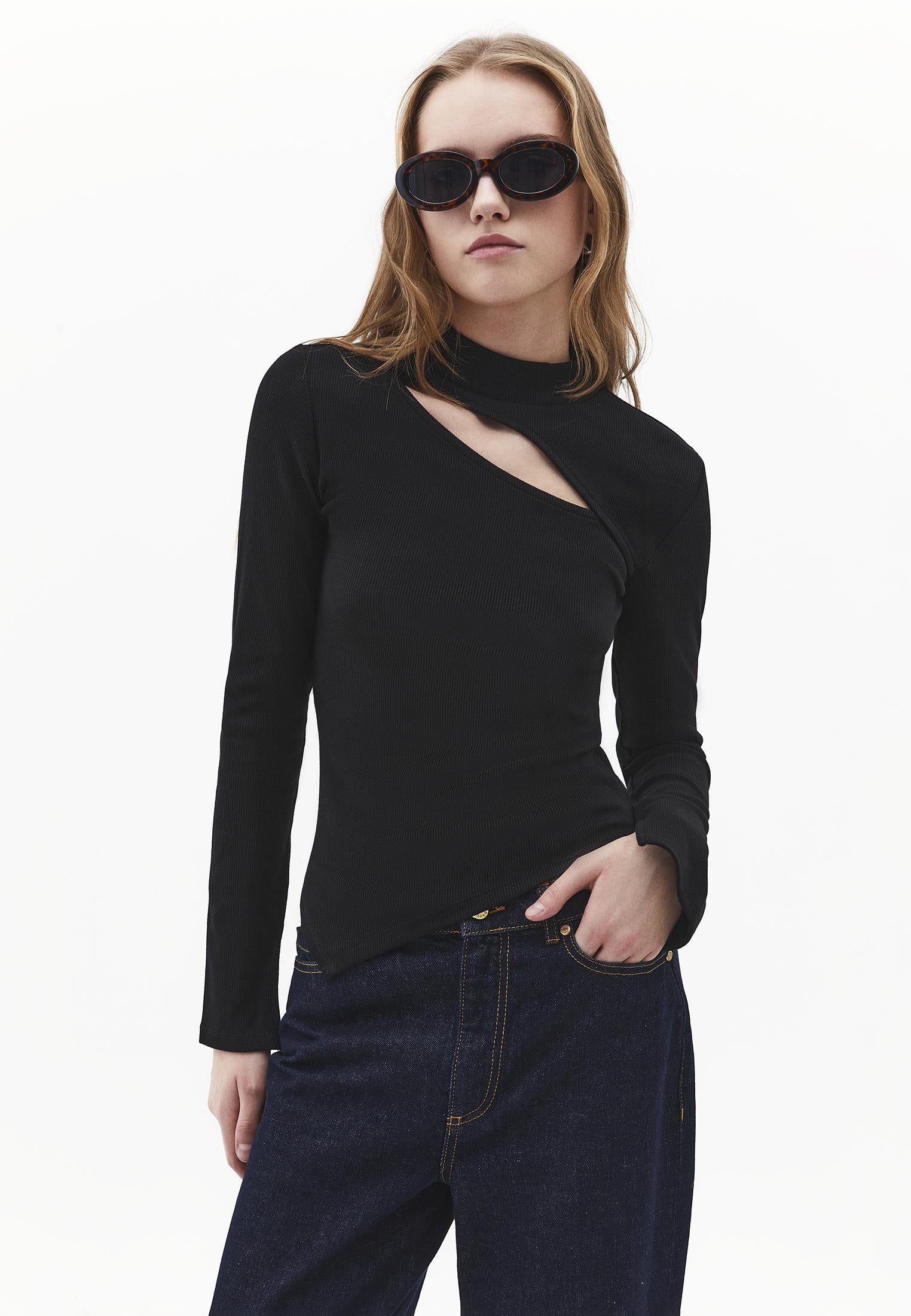 High Neck Cut Out Detail Bodycon T-Shirt - BLACK