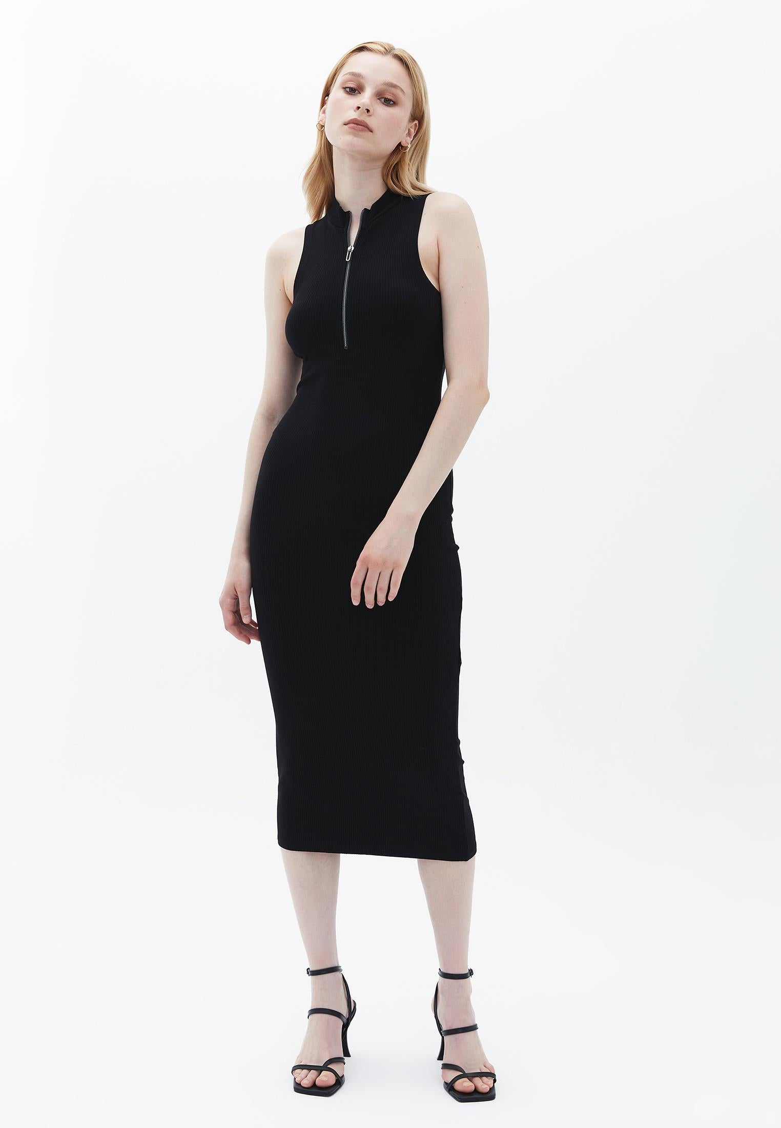 High Neck Sleeveless Bodycon Midi Dress - BLACK