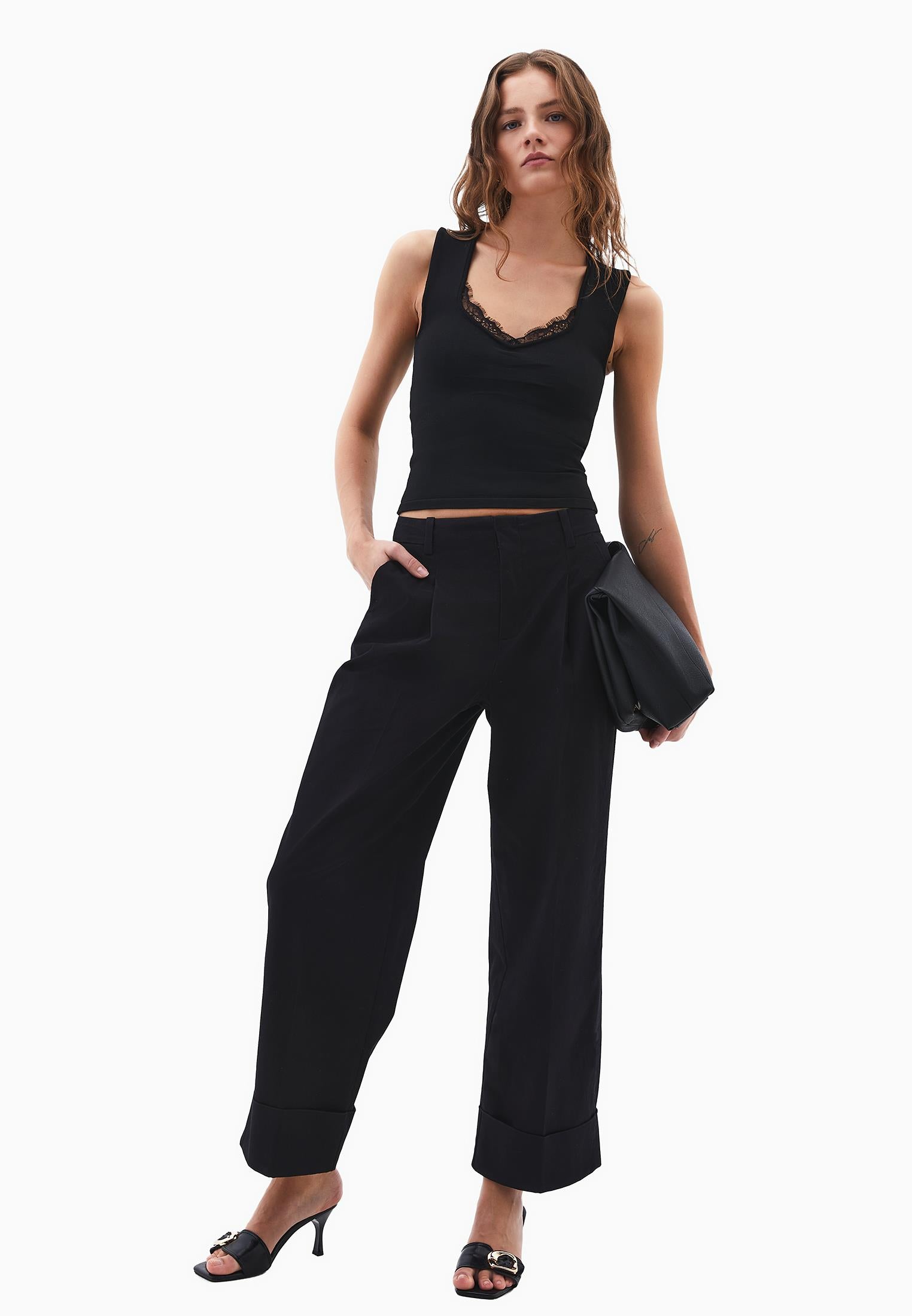 Pleated Ultra High Waist Straight Leg Women Pants - BLACK