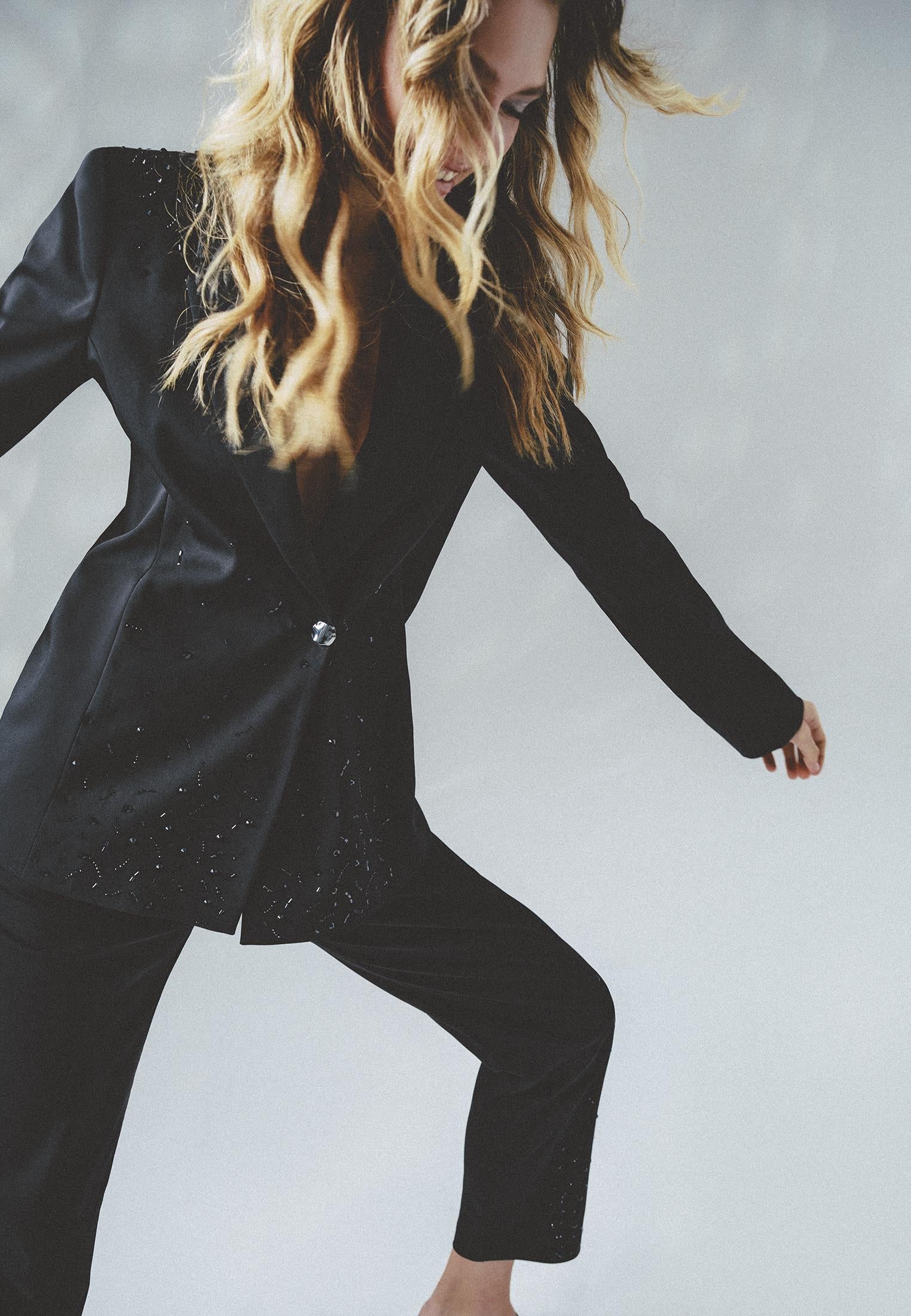 Shawl Collar Woven Blazer - BLACK