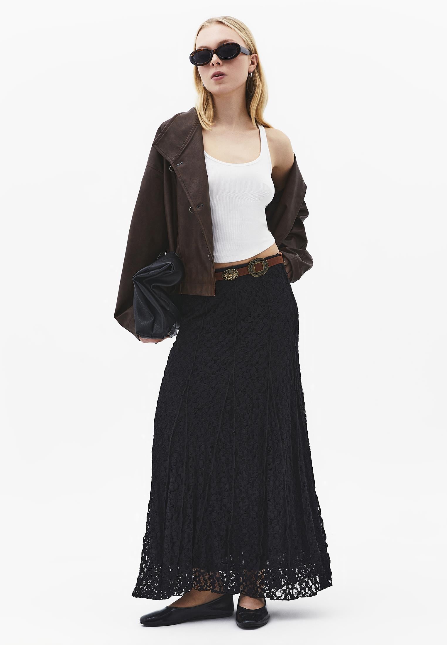 High Waist Flared Long Skirt - BLACK