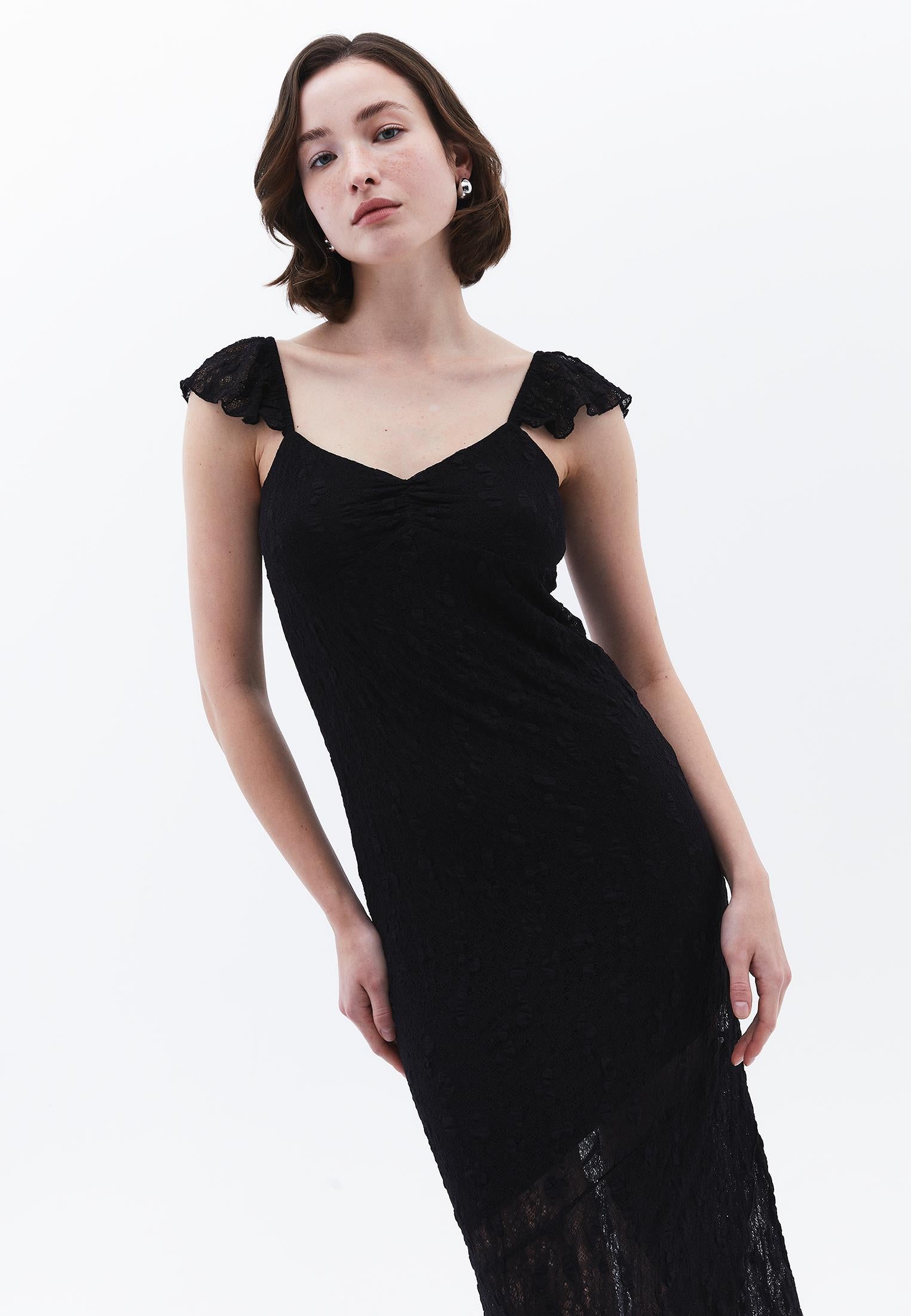 V Neck Long Maxi Dress - BLACK