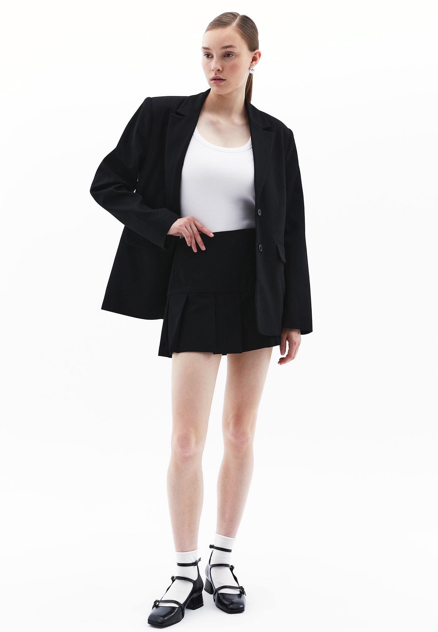 Pleated Short A-Line Skirt - BLACK
