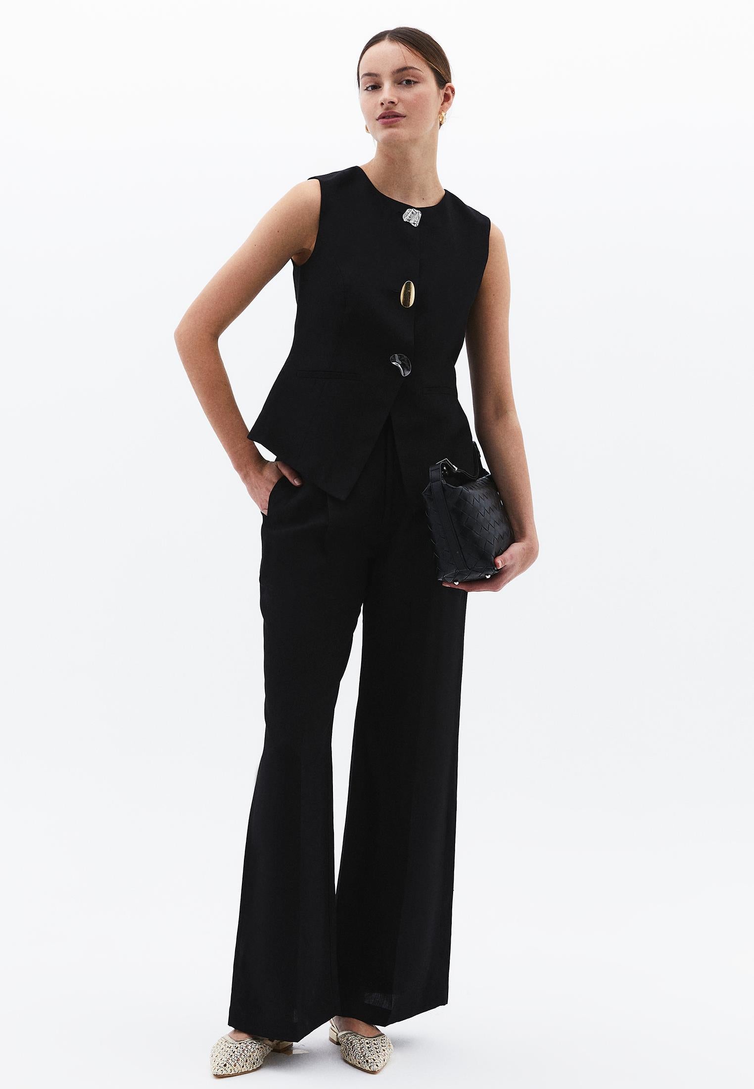 Wide Leg High Waist Button Detailed Pants - BLACK