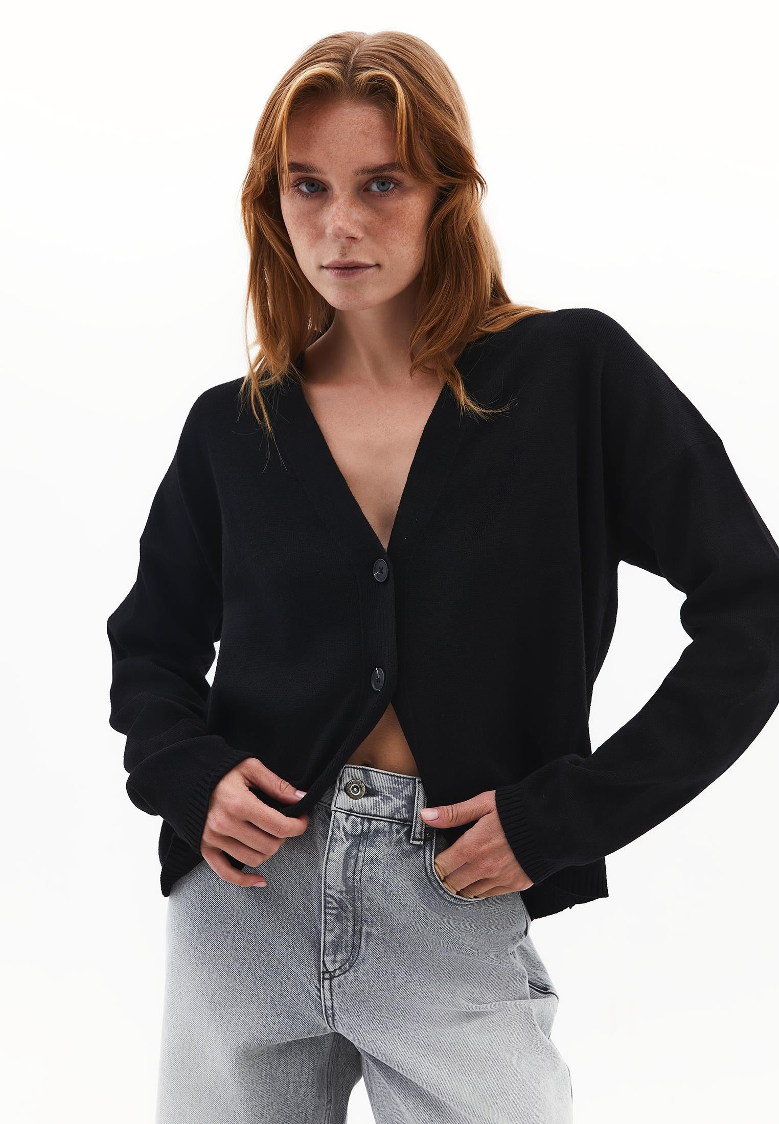 Viscose V-Neck Cardigan - BLACK