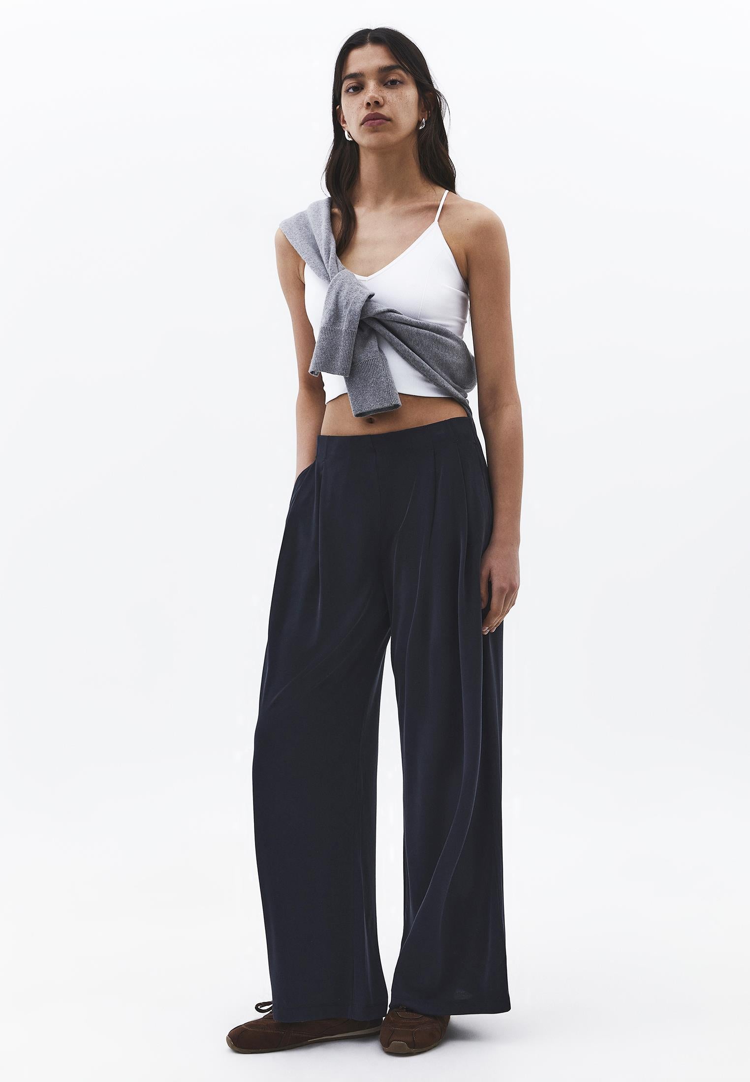 Wide Leg Elastic Waist Pants - BLACK