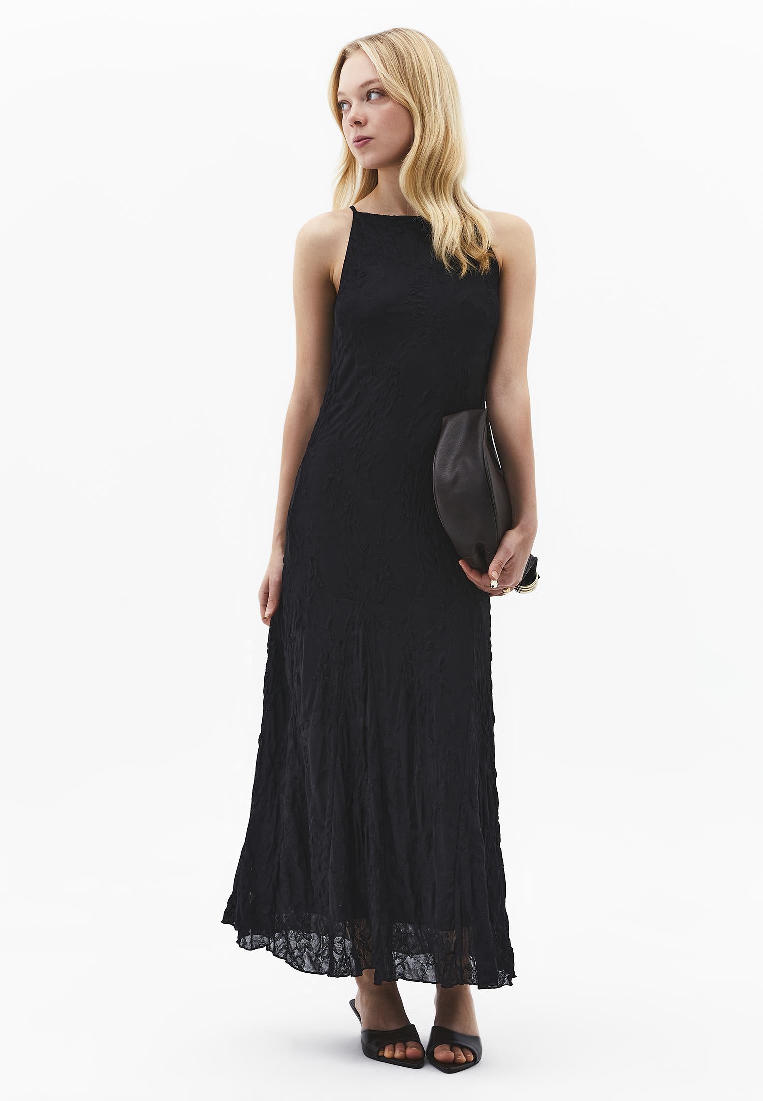 Sleeveless Long Dress With Crew Neck - BLACK