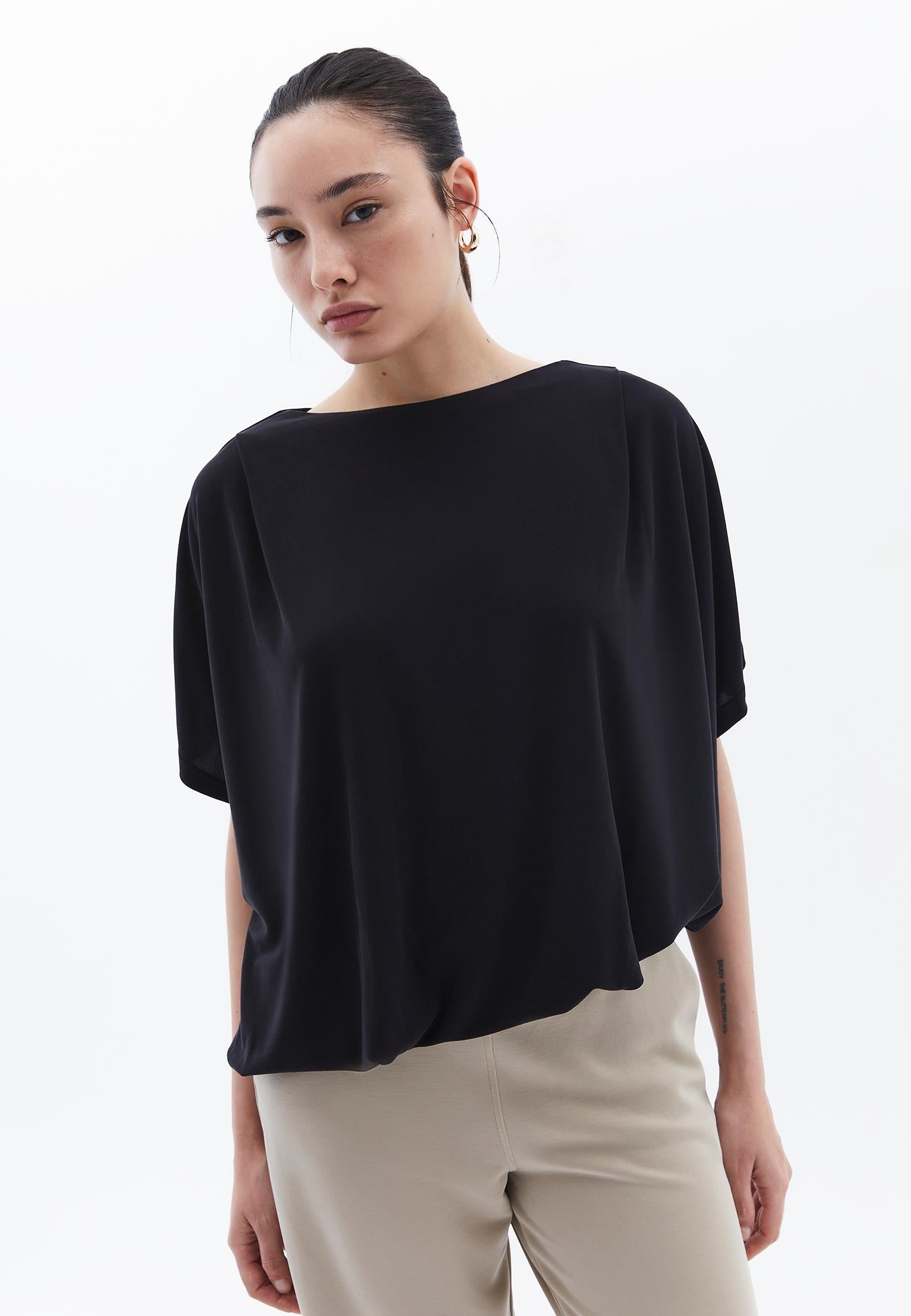 Boat Neck Batwing Sleeve Oversize Tunic T-Shirt - BLACK