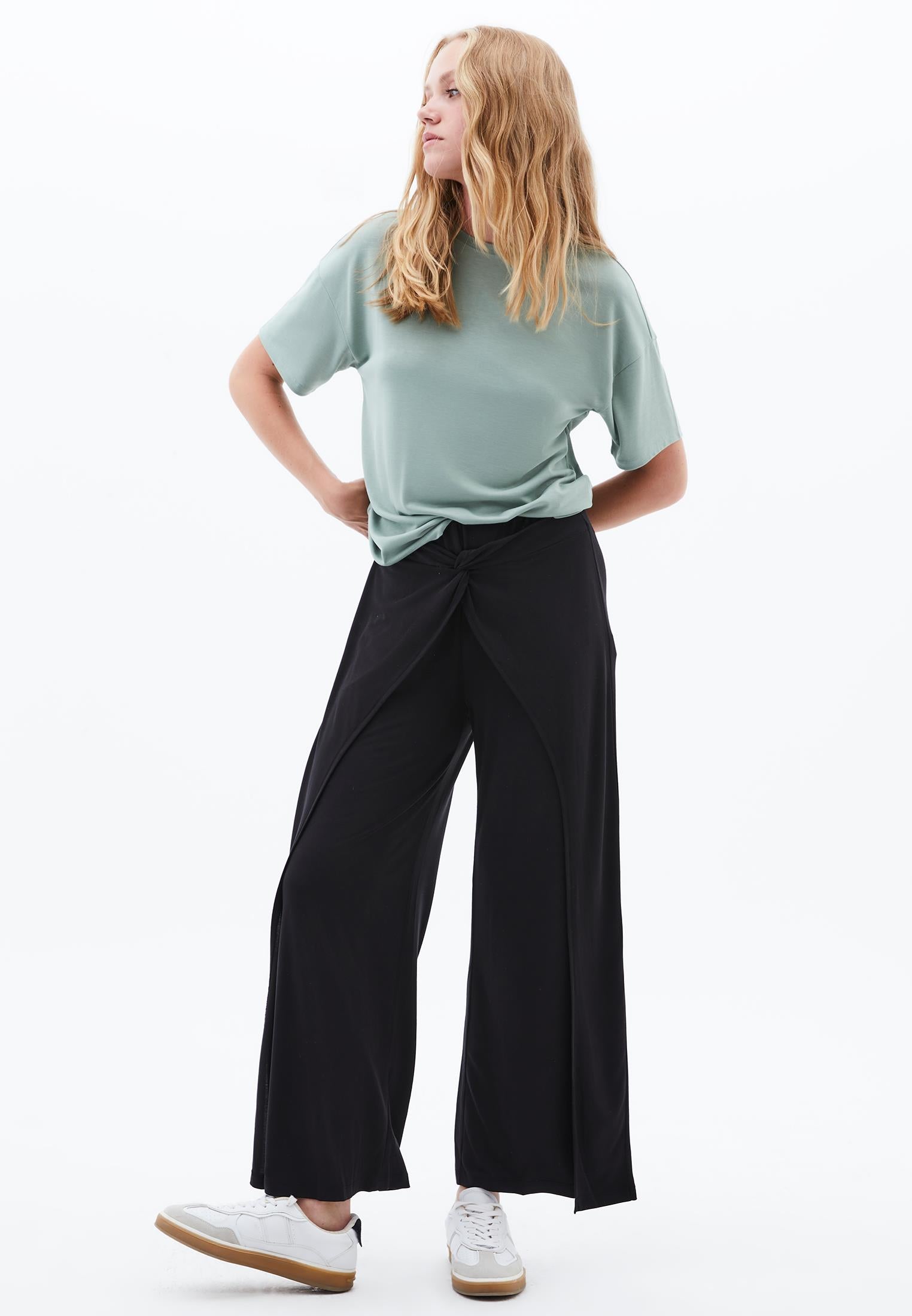 Wide Leg Regular Waist Trousers - BLACK