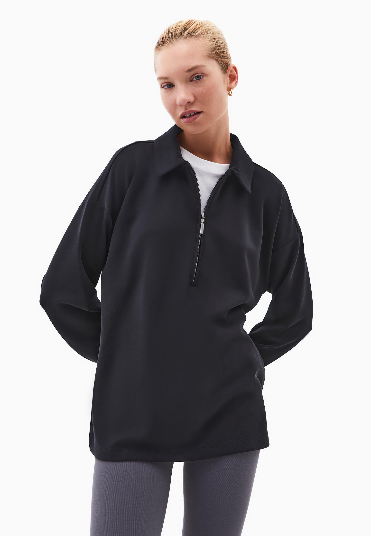 Polo Neck Oversize Sweatshirt - BLACK