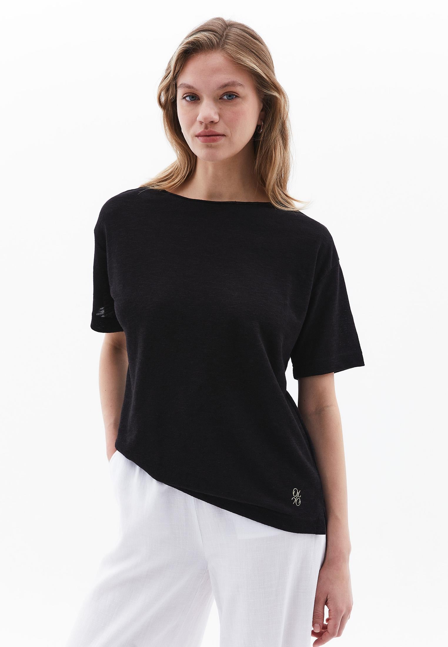 Boat Neck Loose T-Shirt - BLACK