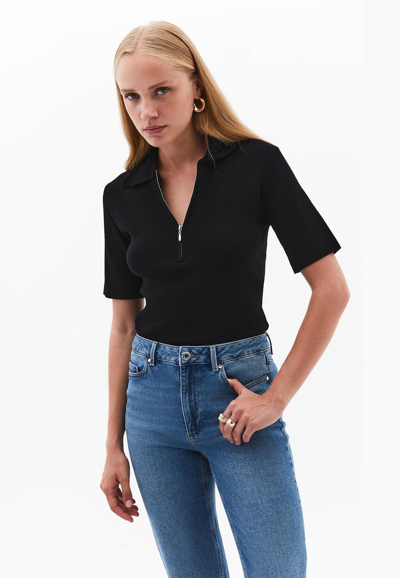 Polo Collar Zipper Detailed Standard T-Shirt - BLACK