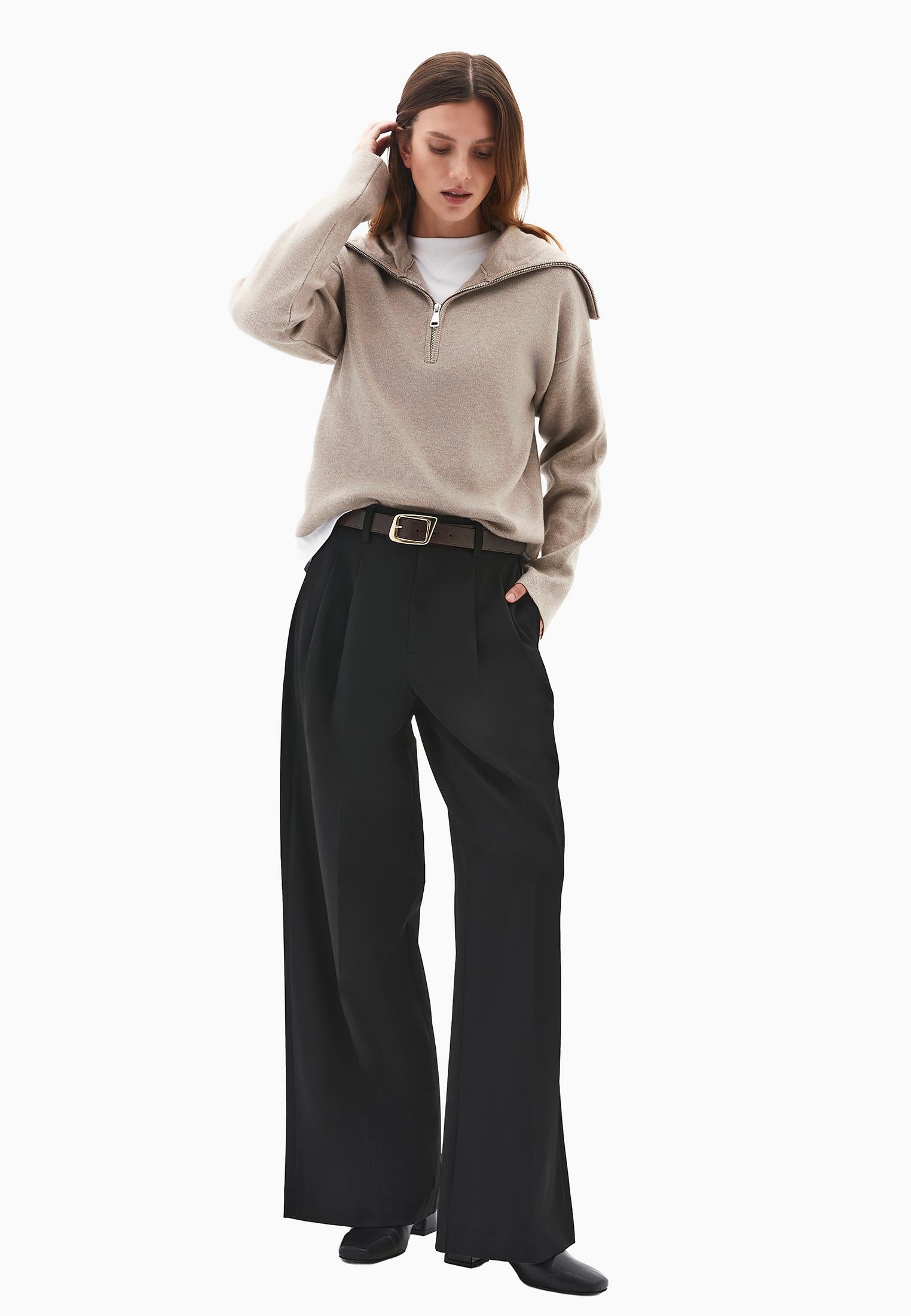 High Waist Wide Leg Pleated Pants - BLACK