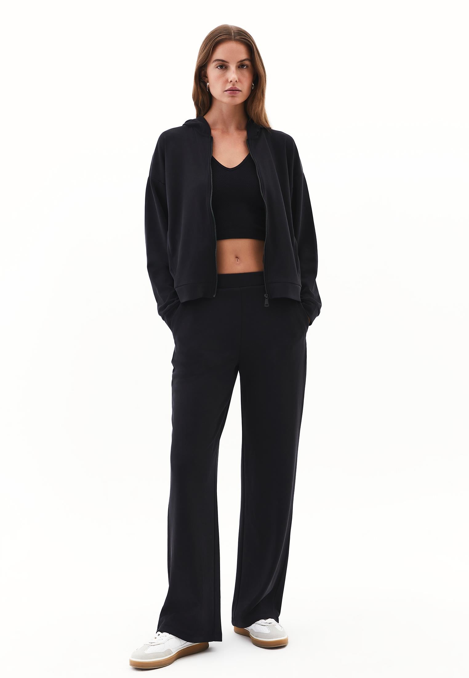 Hoodie With Pockets And Zipper Detail Sweatshirt - BLACK