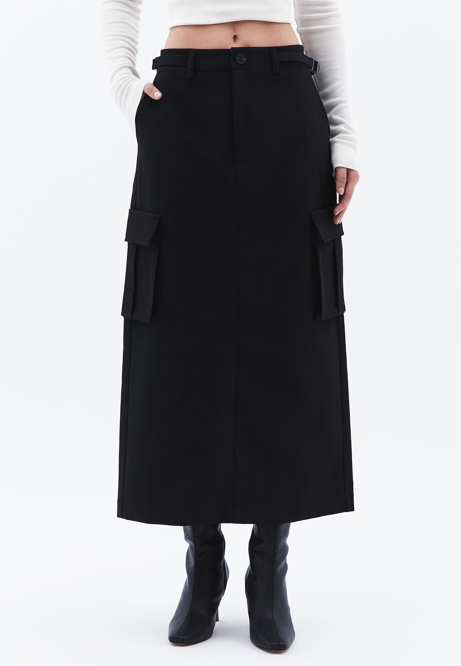 Long Slim High Waist Skirt With Pocket Details - BLACK