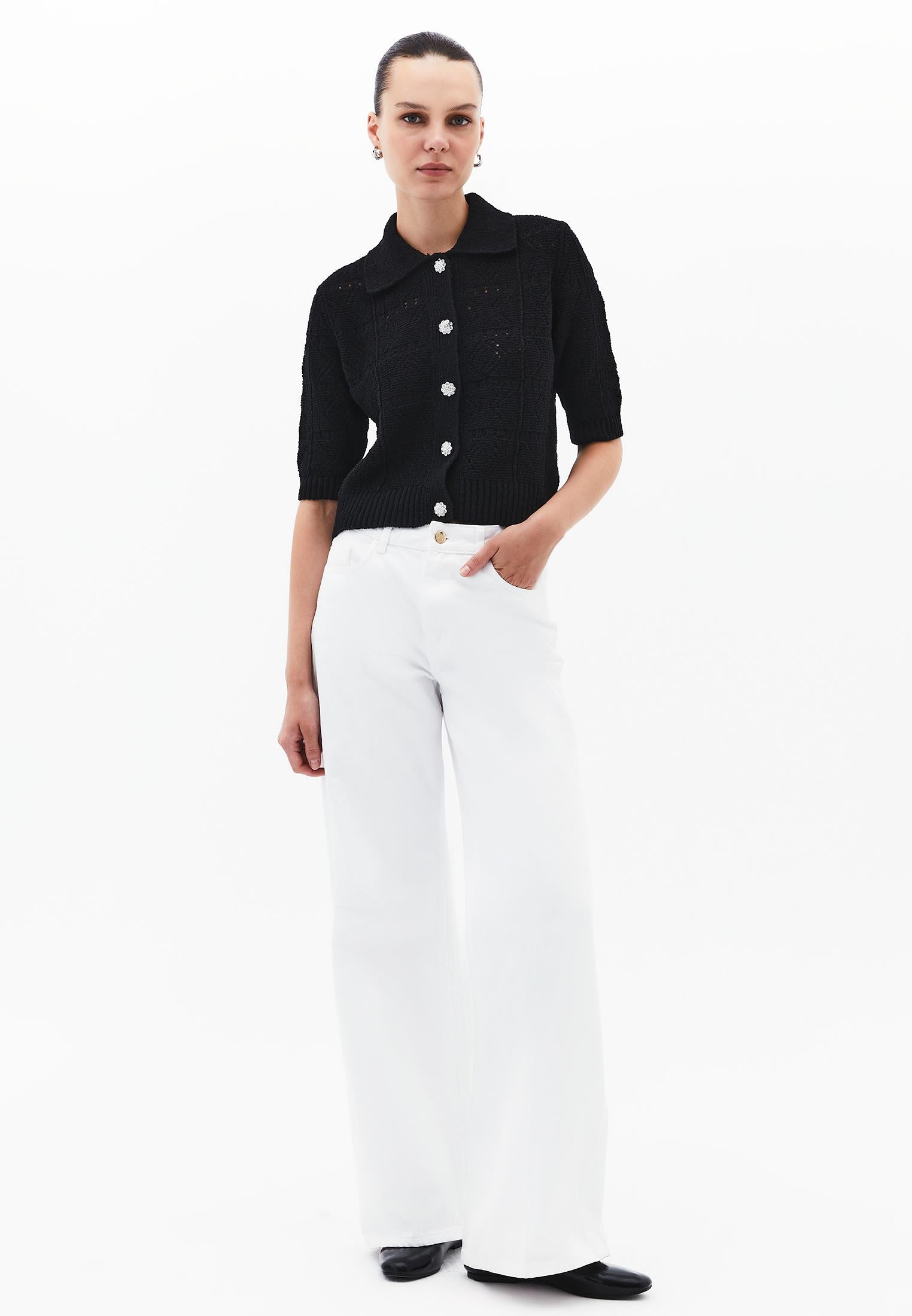 Ajour Short Cardigan With Polo Collar - BLACK