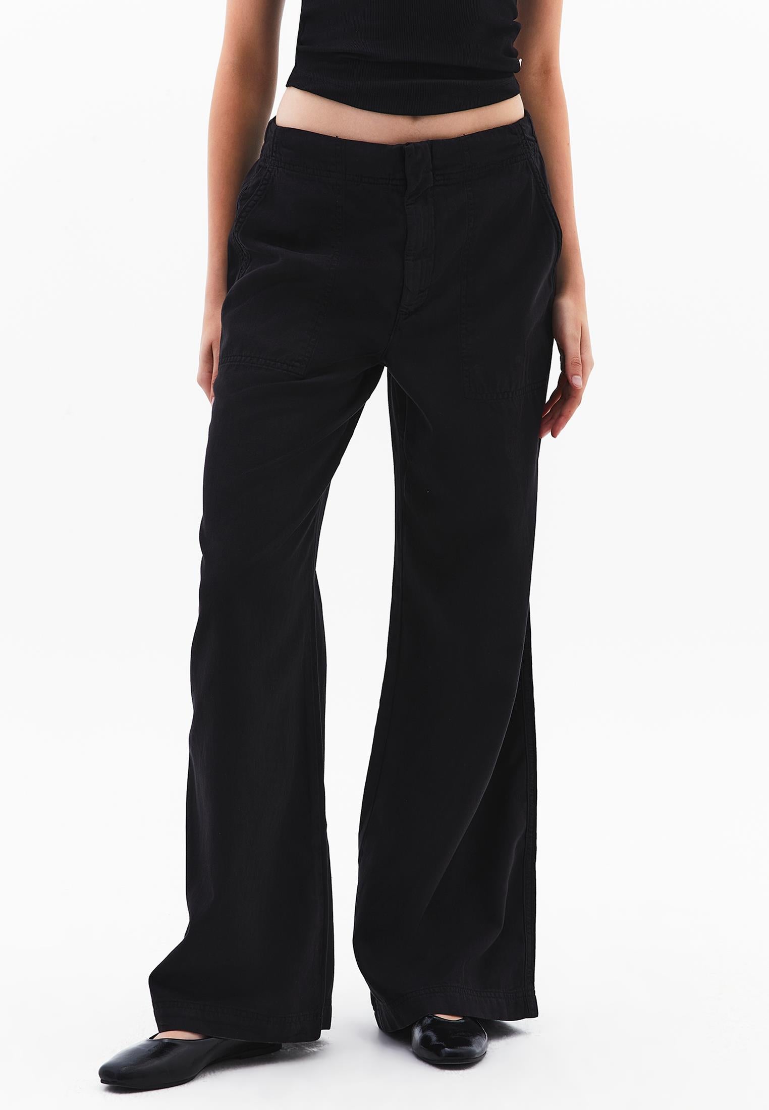 Wide Leg Normal Waist Trousers With Pocket Detail - BLACK