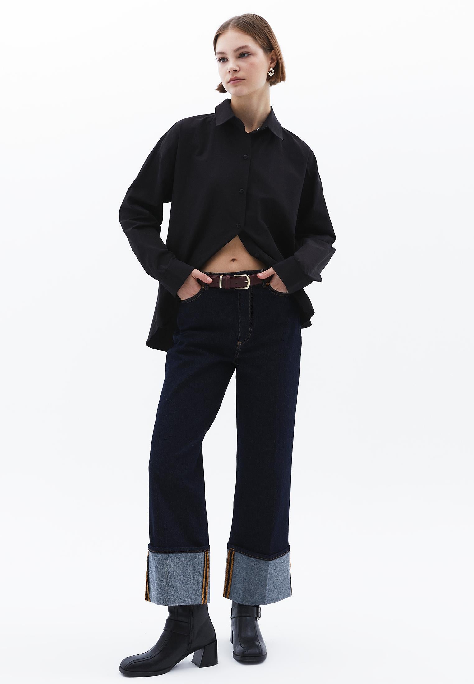 Shirt Collar Loose Woven Shirt - BLACK