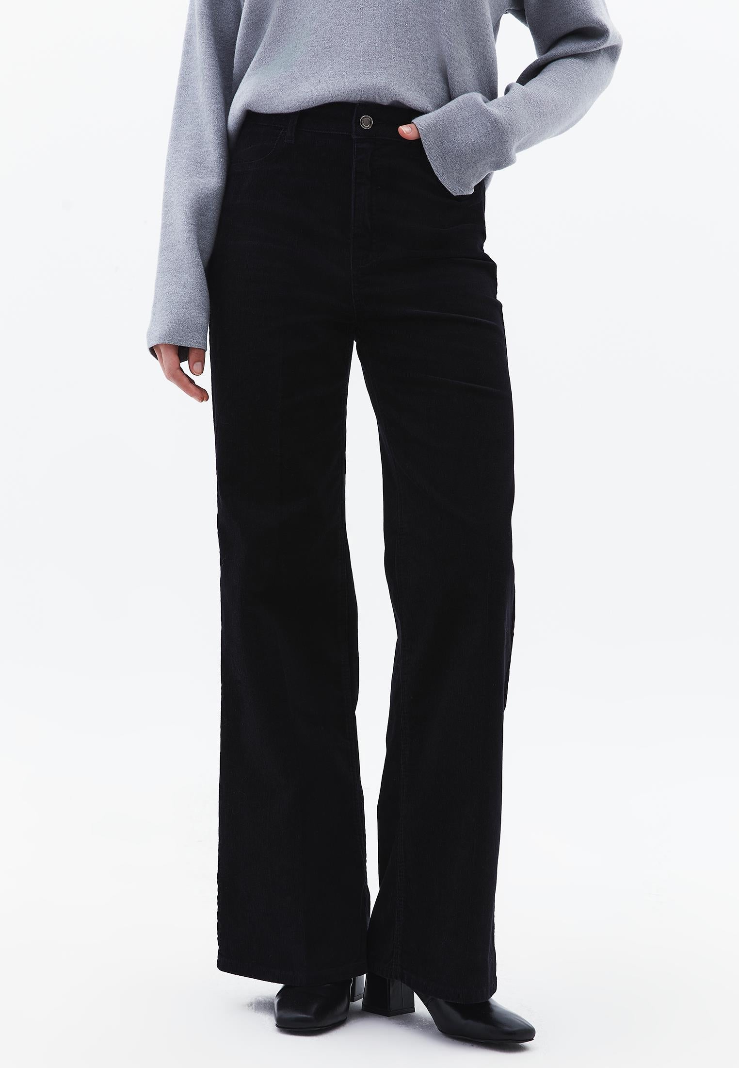 Corduroy Wide Leg Pants - BLACK