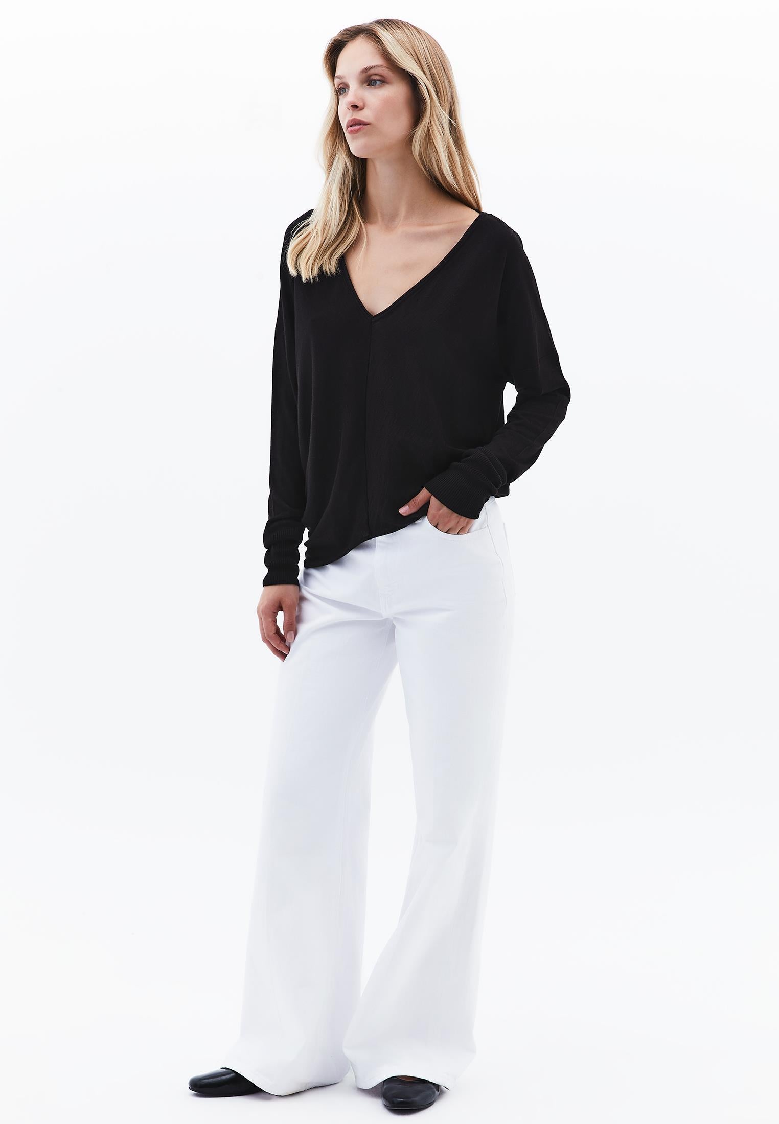 V Neck Long Sleeve Sweater - BLACK