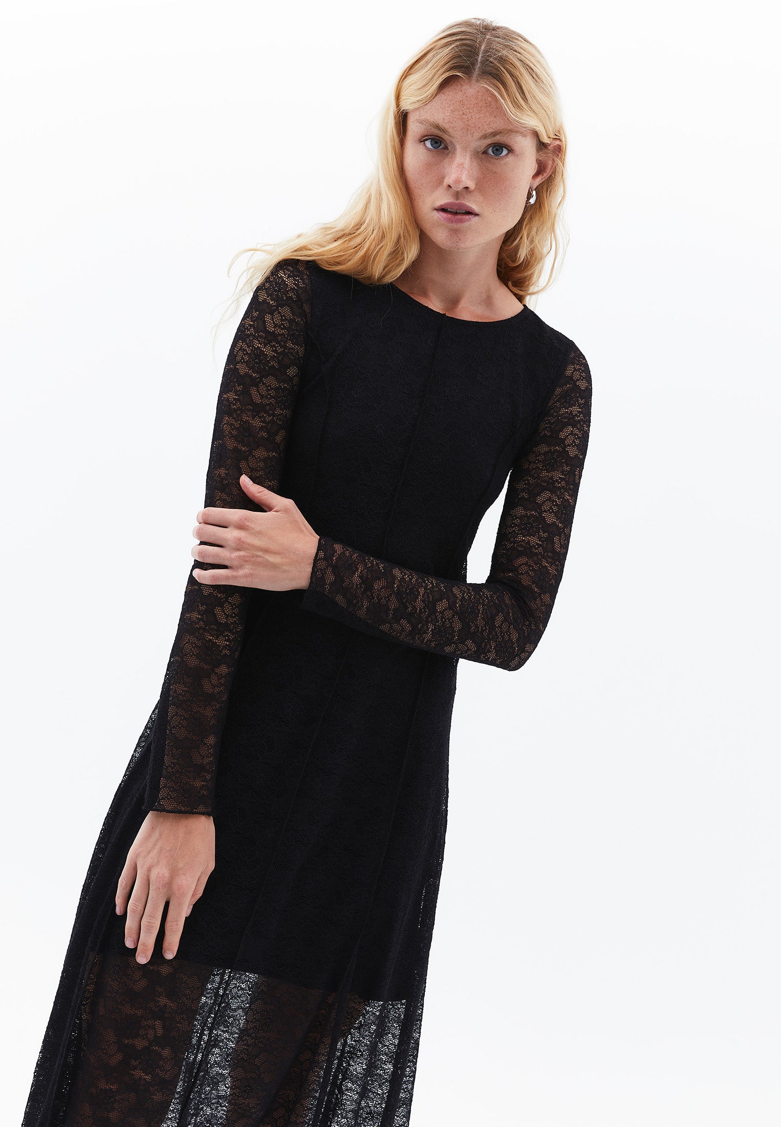 A-Line Long Crew Neck Cut-Out Detailed Dress - BLACK