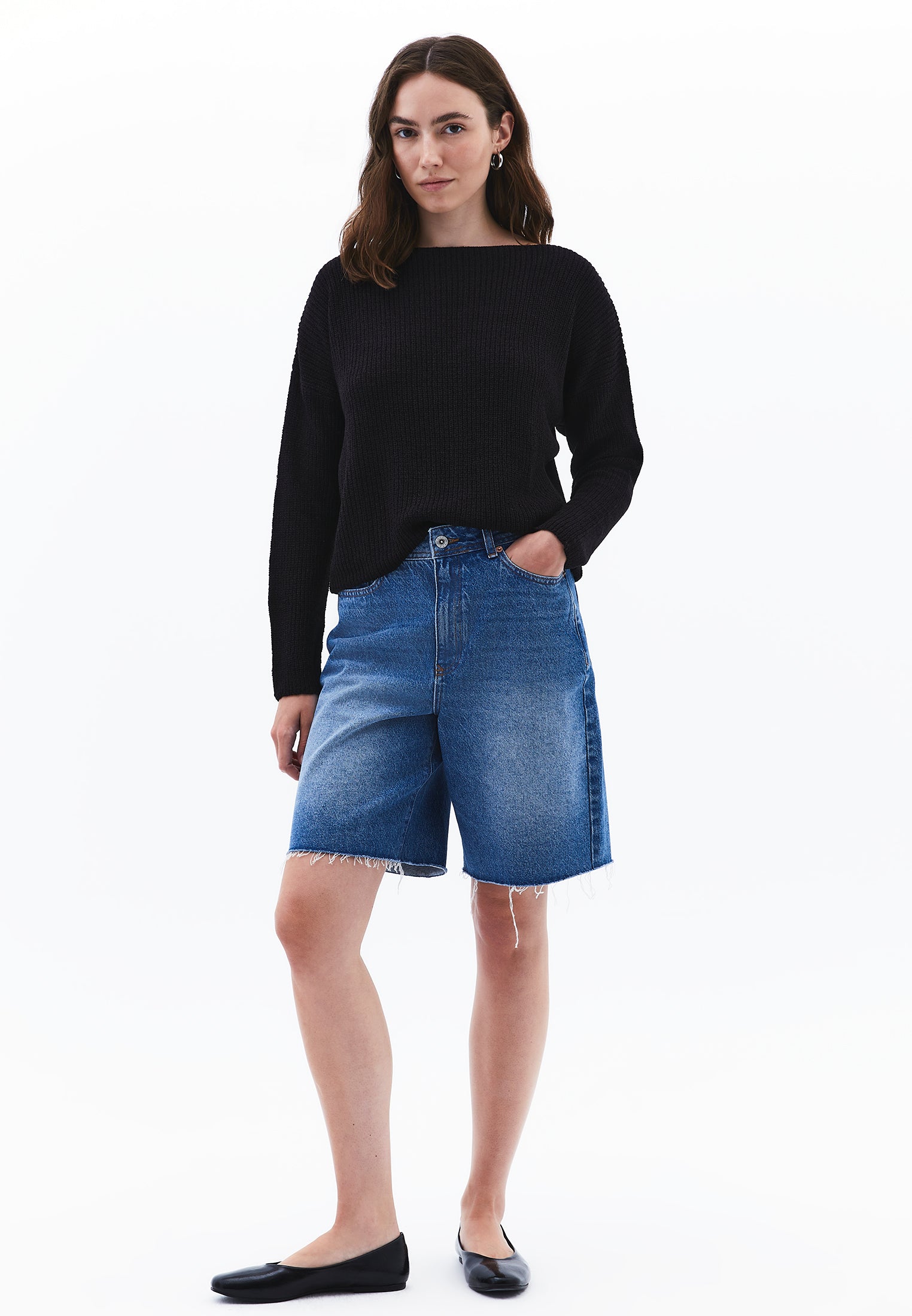 Boat Neck Long Sleeve Sweater - BLACK