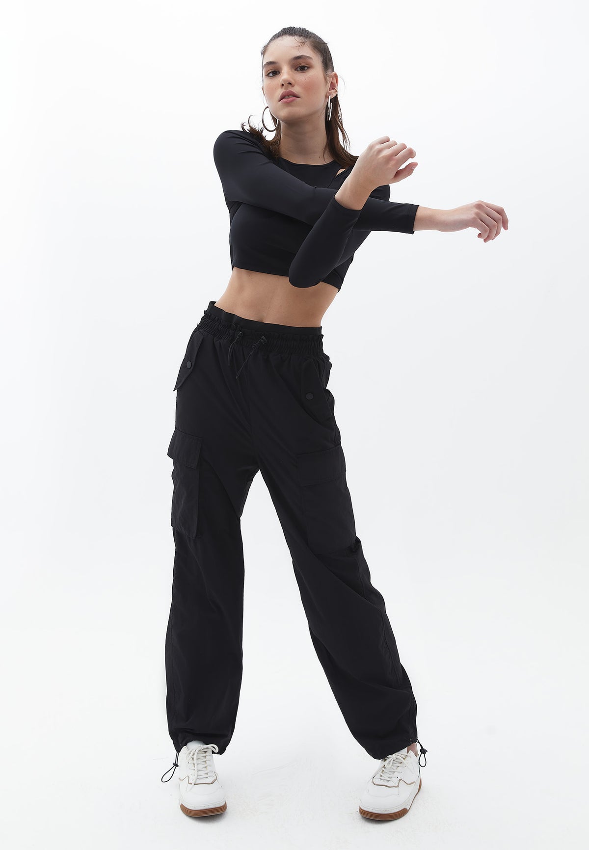 Asymmetric Neck Long Sleeve Cropped T-Shirt - BLACK