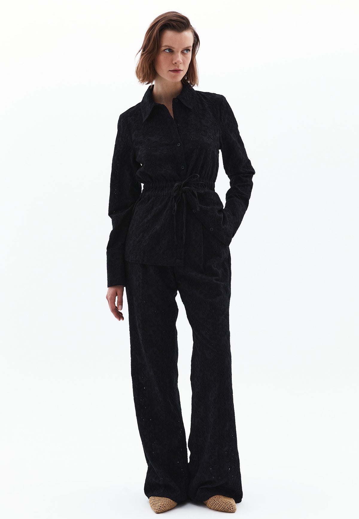 Embroidered And Shirred Long Sleeve Shirt - BLACK