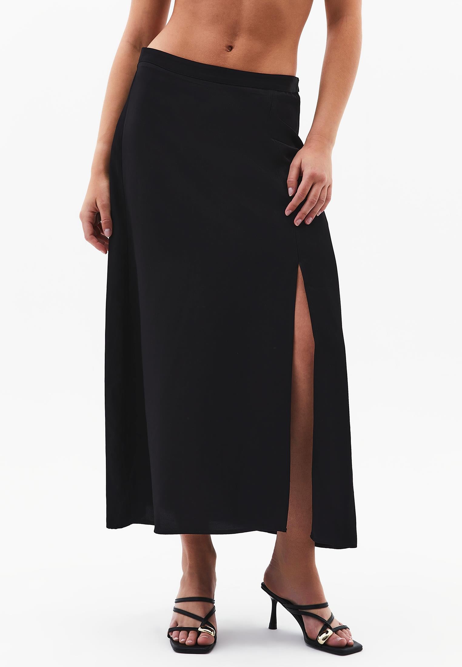 Midi Flared Skirt With Slit - BLACK