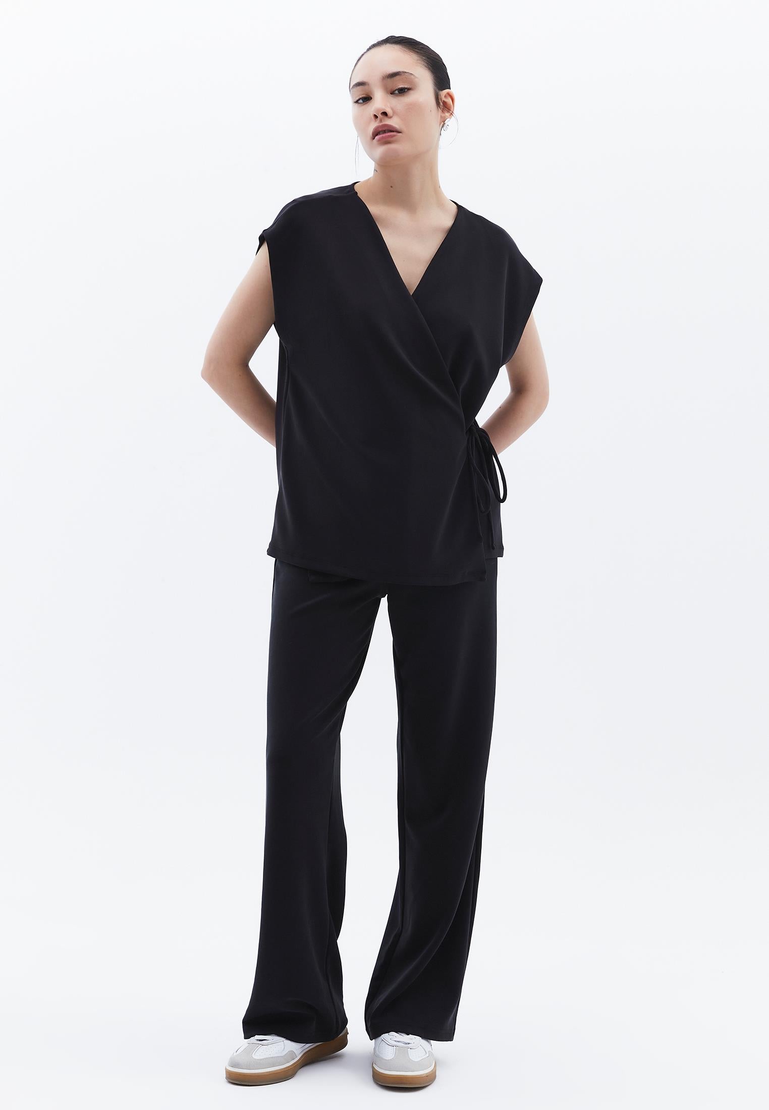 Wrap Neck Tunic Cardigan - BLACK