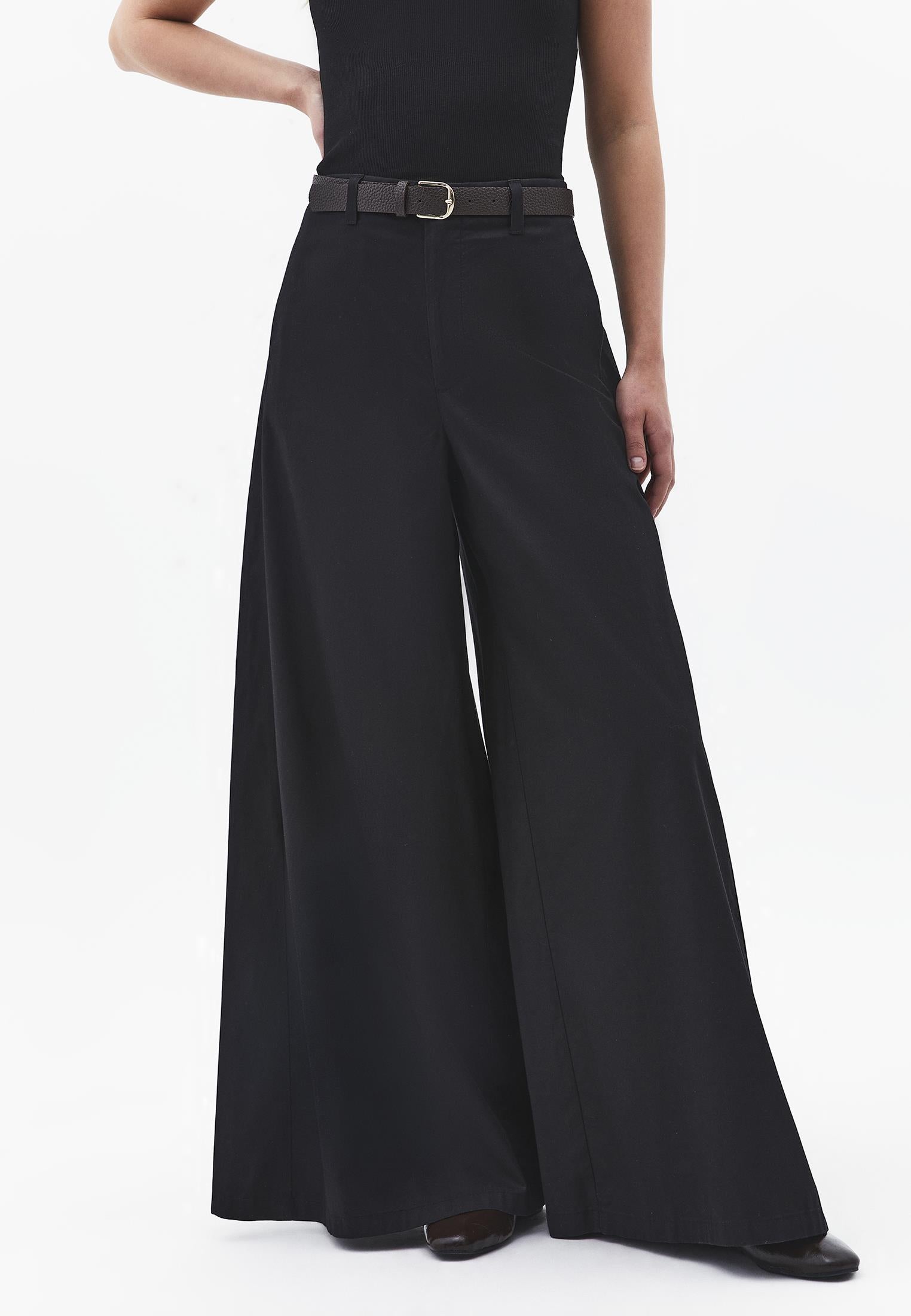 Wide Leg Ultra High Waist Belt Detailed Trousers - BLACK
