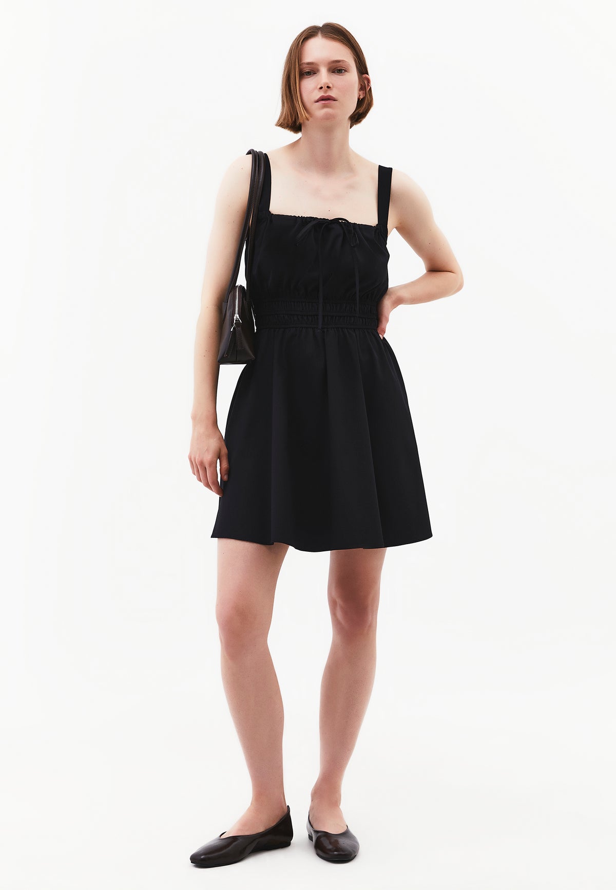 Strappy Square Neckline Short Dress With Bow And Gathered Details - BLACK