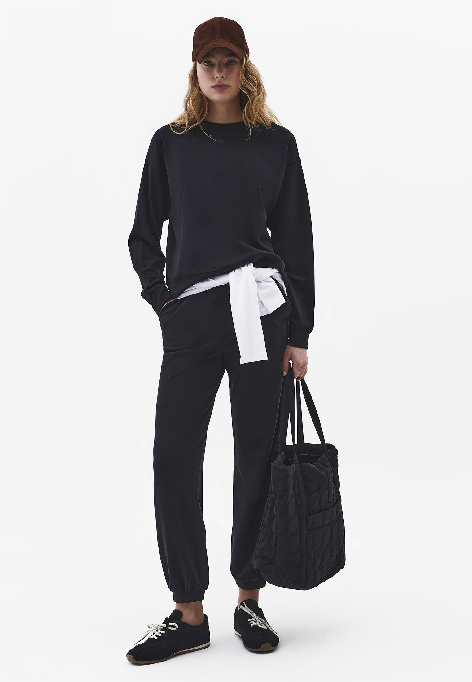 Crew Neck Long Sleeve Sweatshirt - BLACK